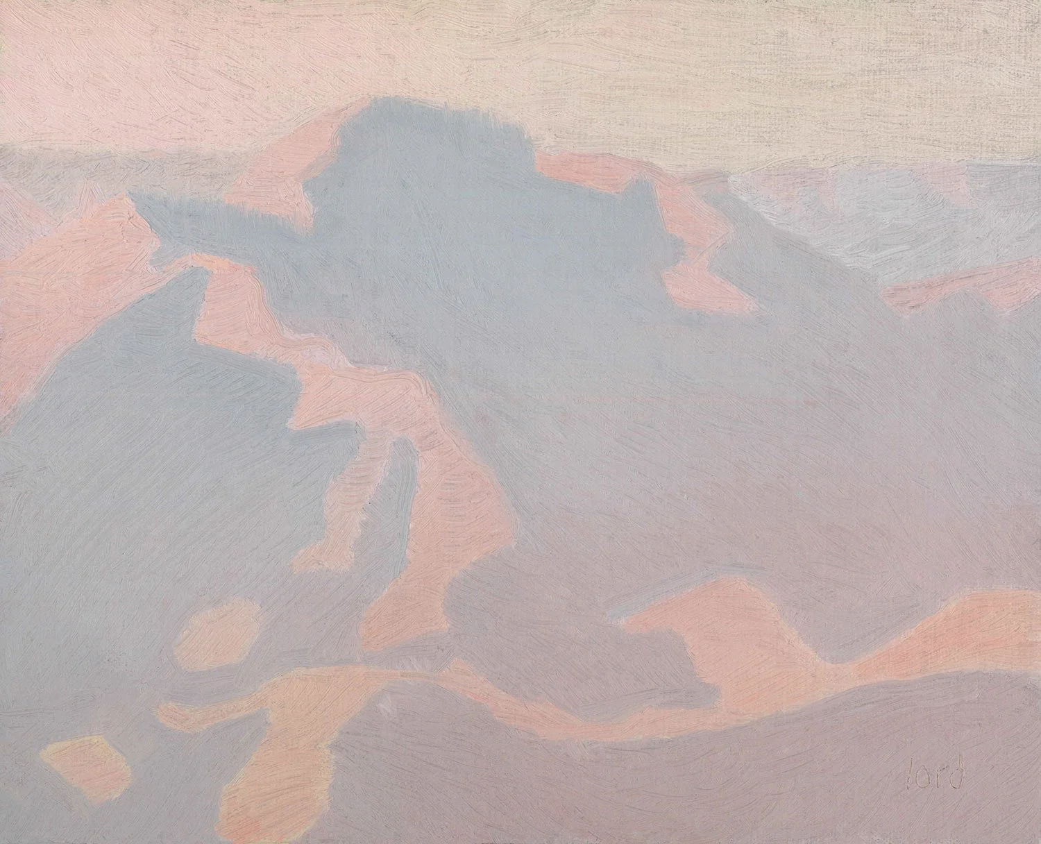 Abstract painting with soft pink, gray, and beige colors in a textured, swirling pattern.