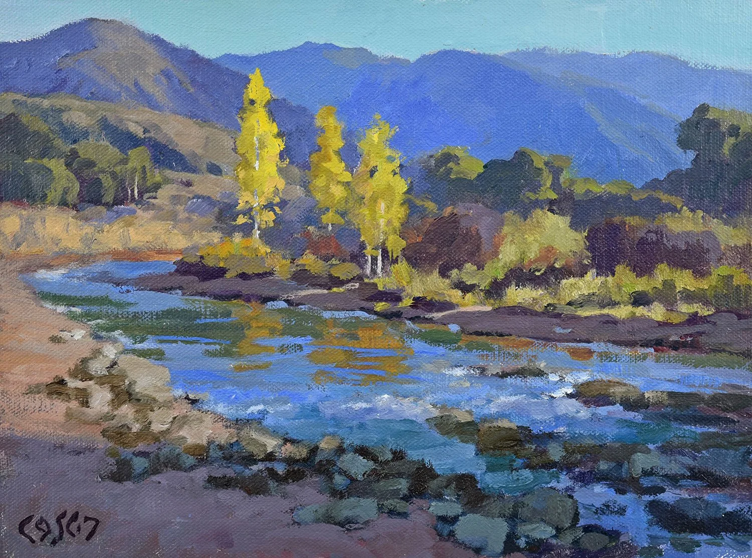 A landscape painting of a river flowing through a valley with trees and hills in the background, using vibrant colors.