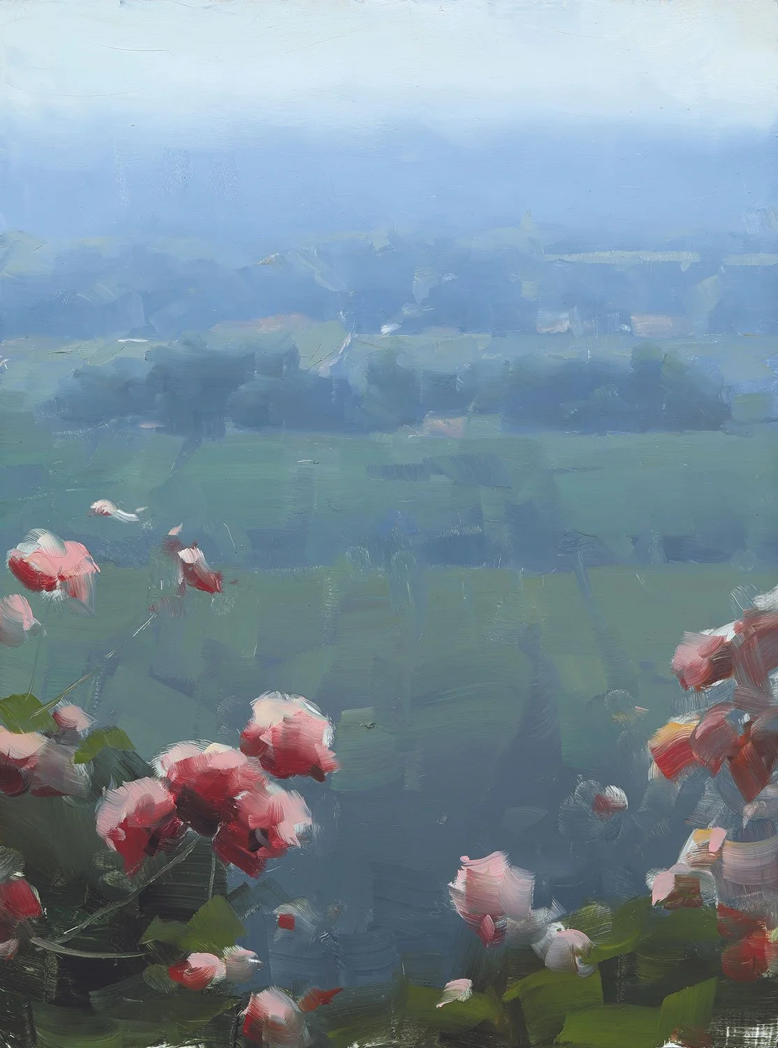 A painting of a landscape with pink and white flowers in the foreground, green fields in the middle ground, and blue mountains and sky in the background.