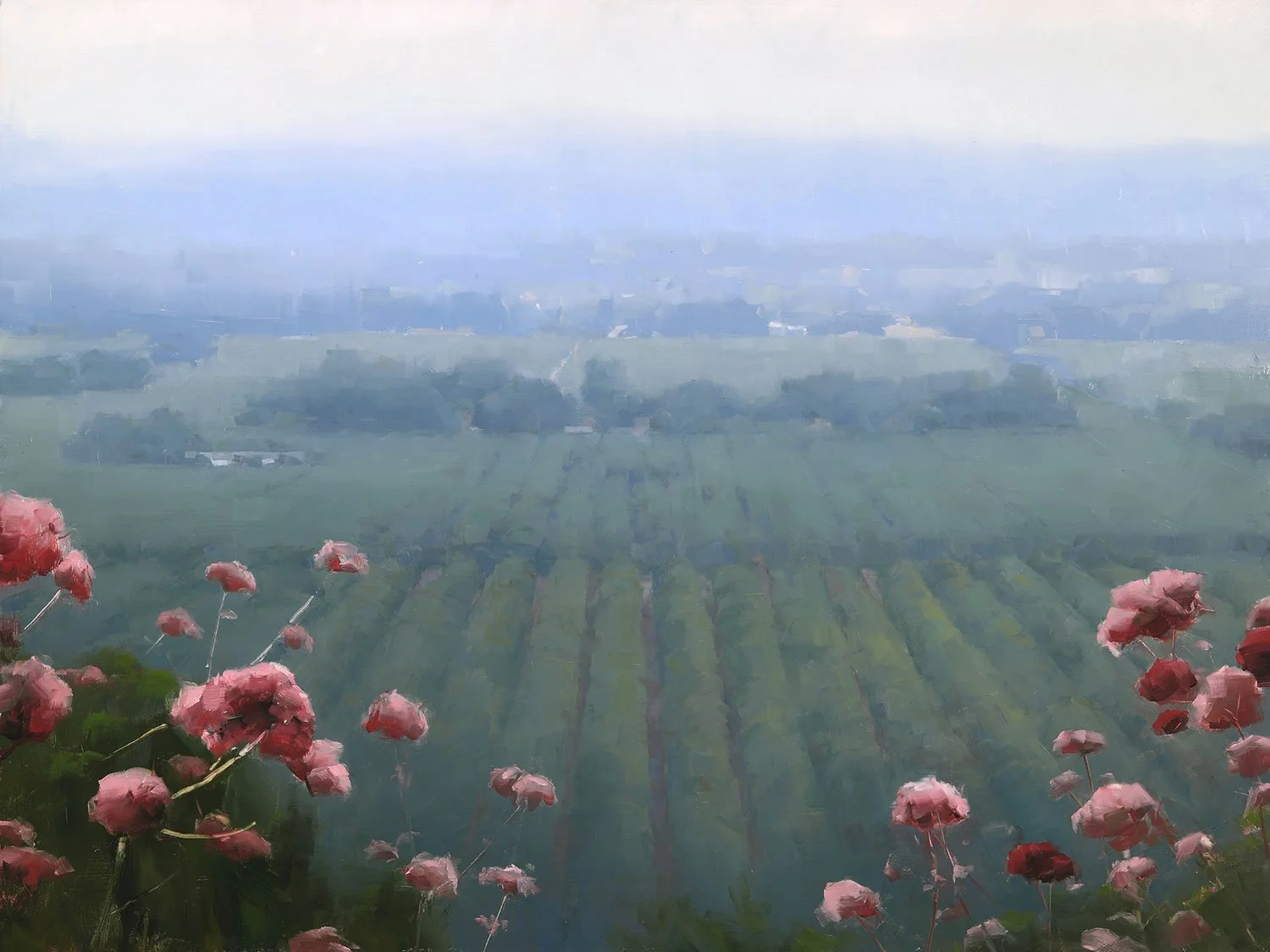 A painting of a scenic landscape with pink flowers in the foreground and agricultural fields extending into the distance under a cloudy sky.
