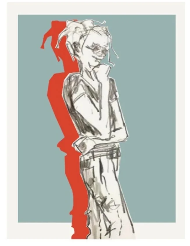 A sketch of a person with a downward gaze, sitting and leaning forward, with a red background.