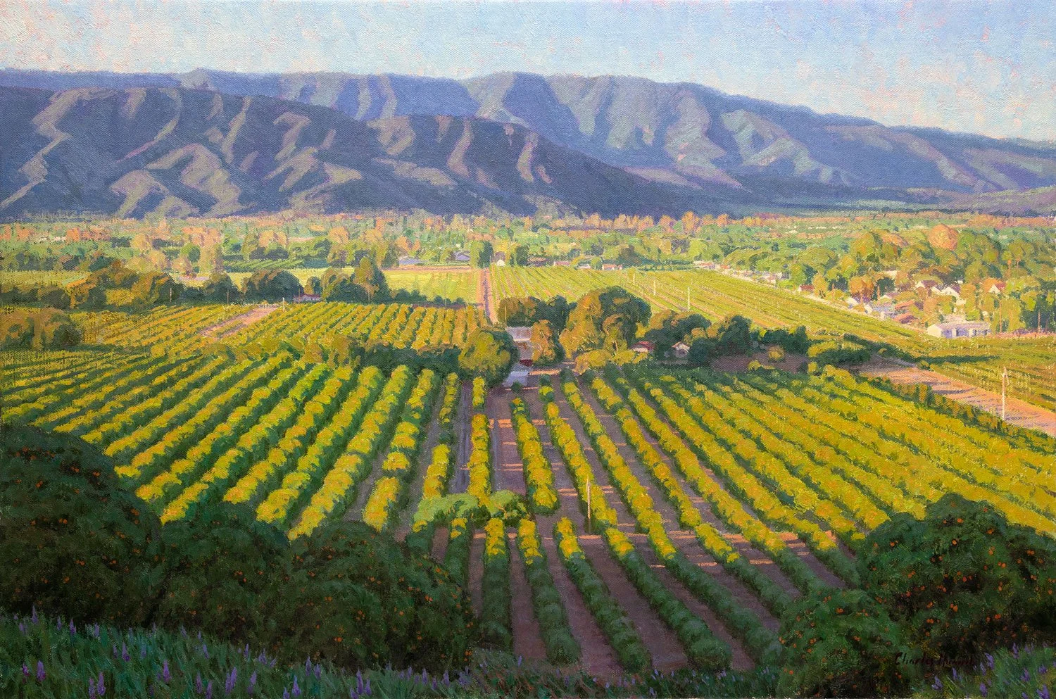 A colorful landscape painting of a vineyard with rows of grapevines in the foreground, a small road or pathway running through the vineyard, and a mountain range in the background under a blue sky.