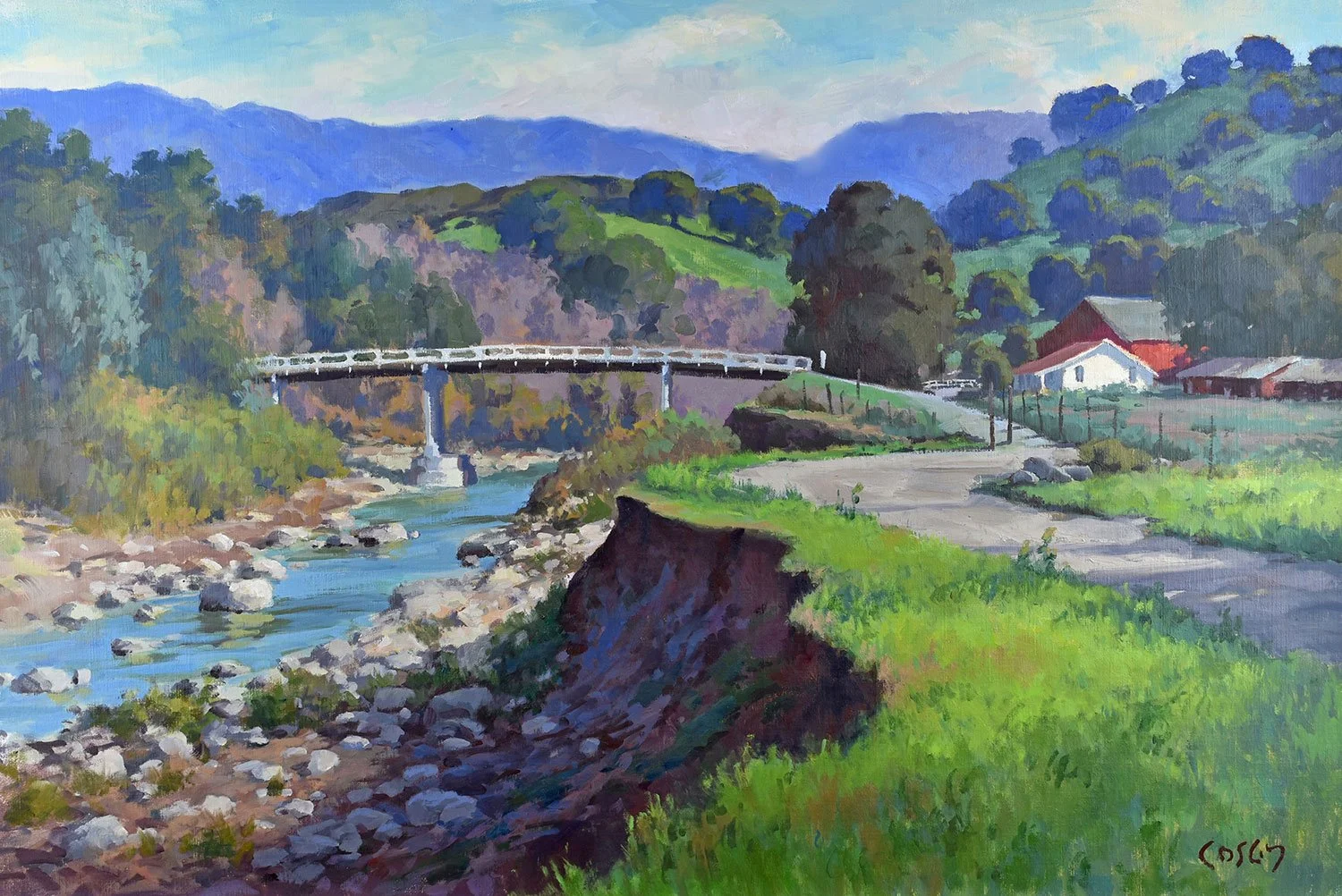 A colorful landscape painting of a rural area with a stream running through, a bridge crossing the stream, green hills in the background, a few houses with red and white roofs, and a dirt road on the right side.