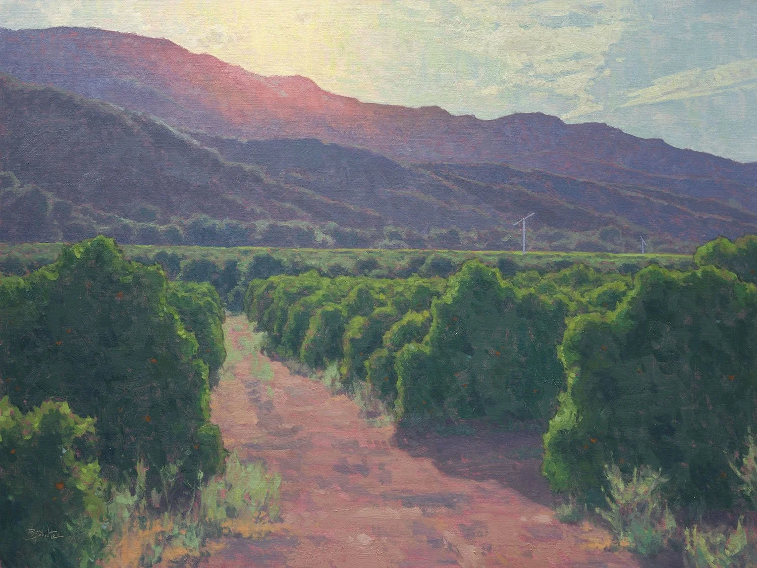 Painting of a vineyard with rows of green grapevines, a dirt path, mountains in the background, and wind turbines near the mountains under a partly cloudy sky.