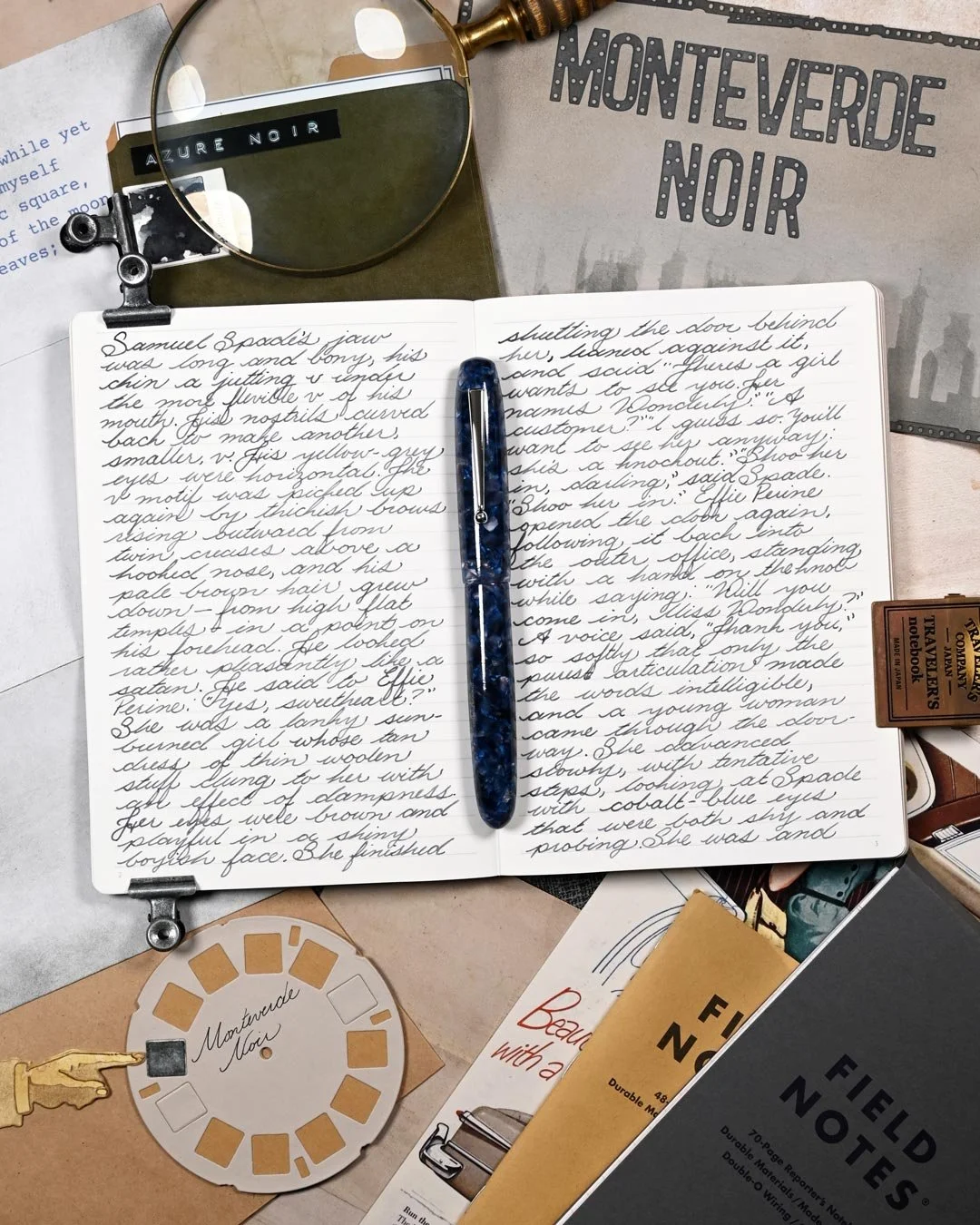 Monteverde Azure Noir writing sample flay lay