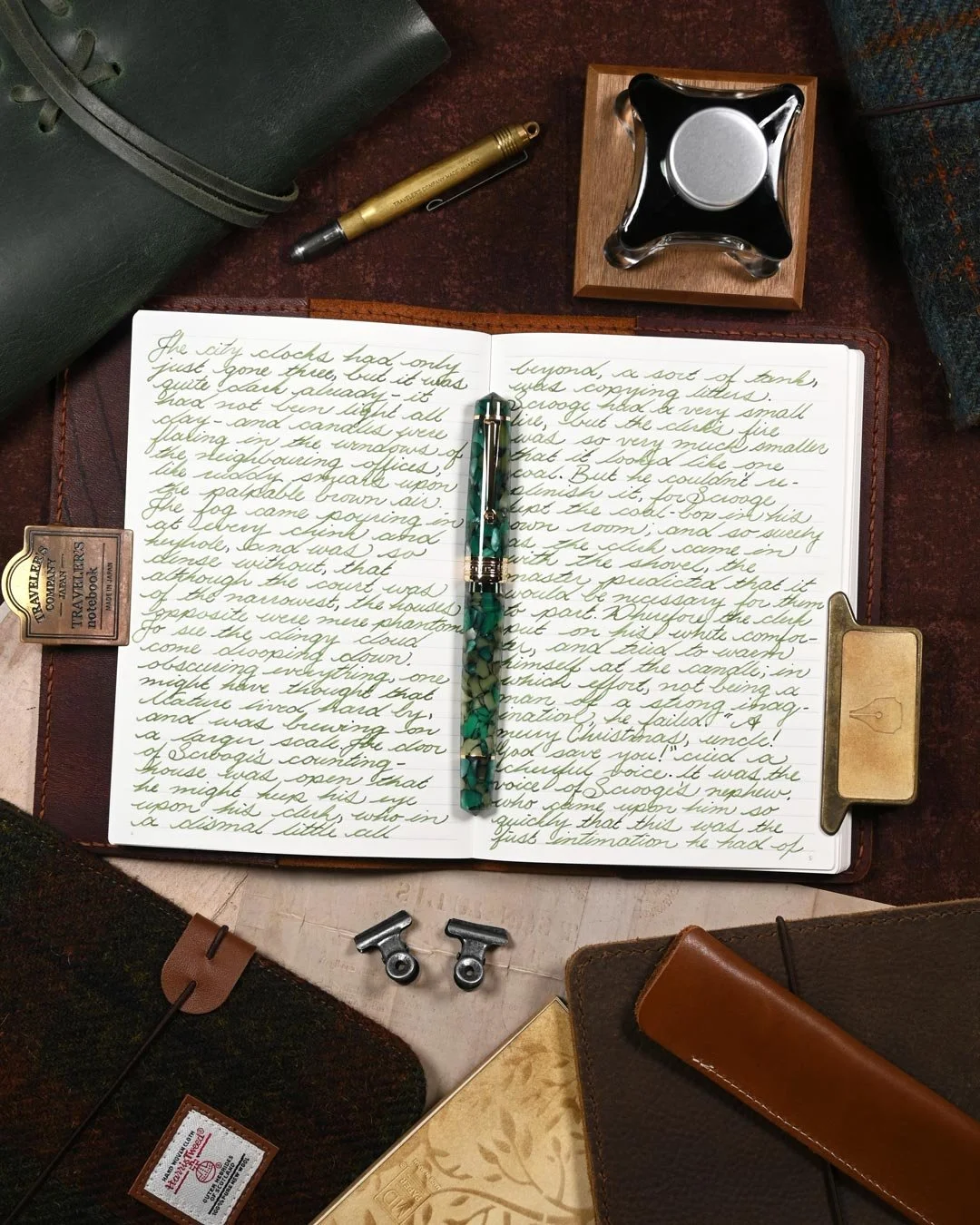 Diamine Mistletoe writing sample flat lay