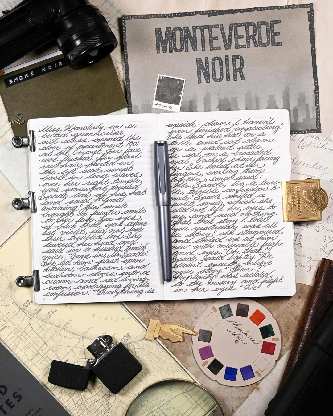 Monteverde Smoke Noir writing sample flat lay