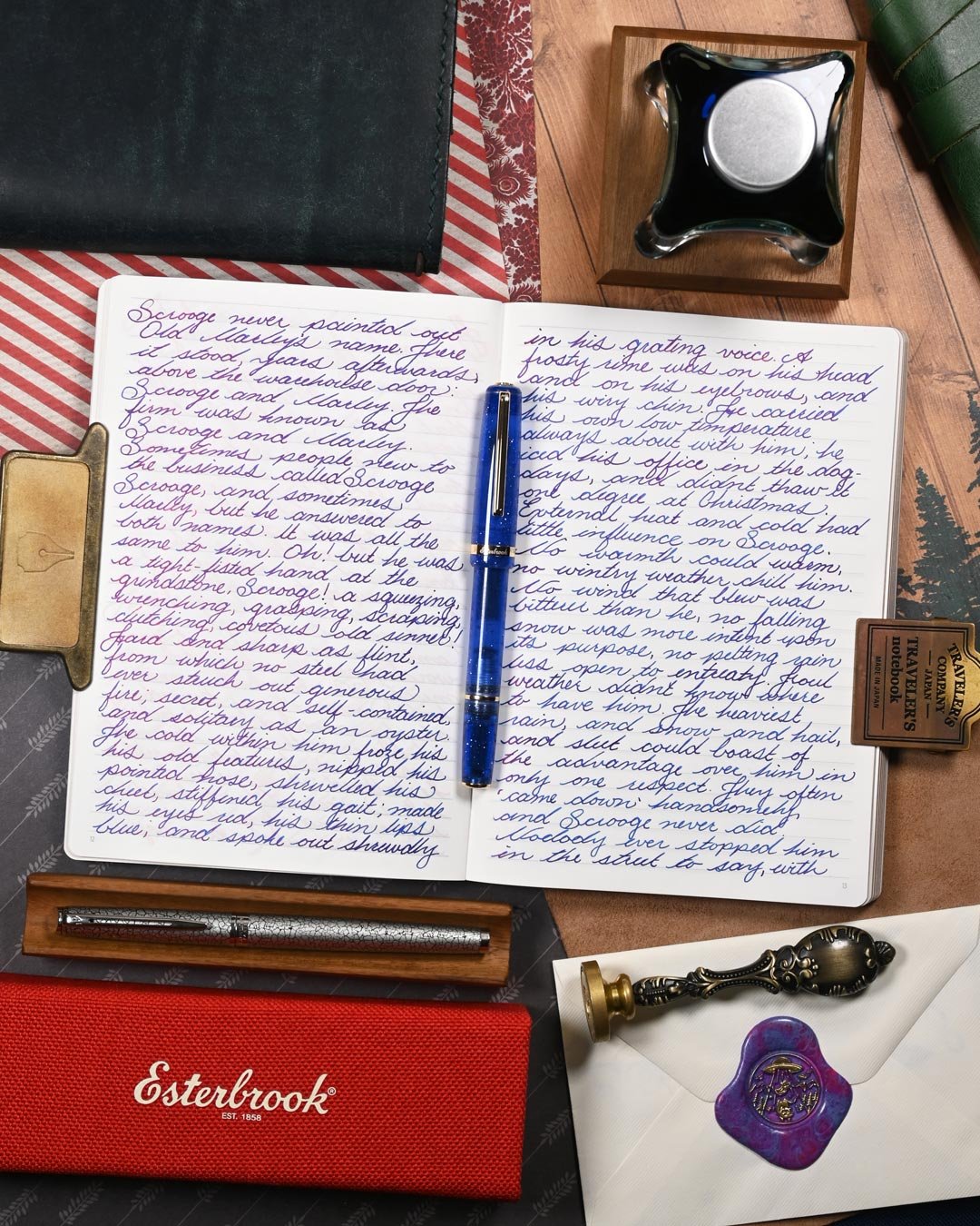 Diamine Polar Glow writing sample flat lay