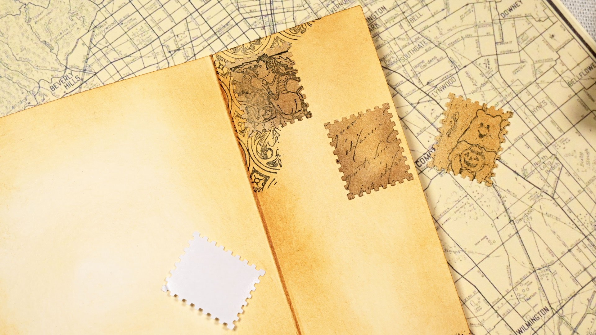 Stamps in a scrapbook