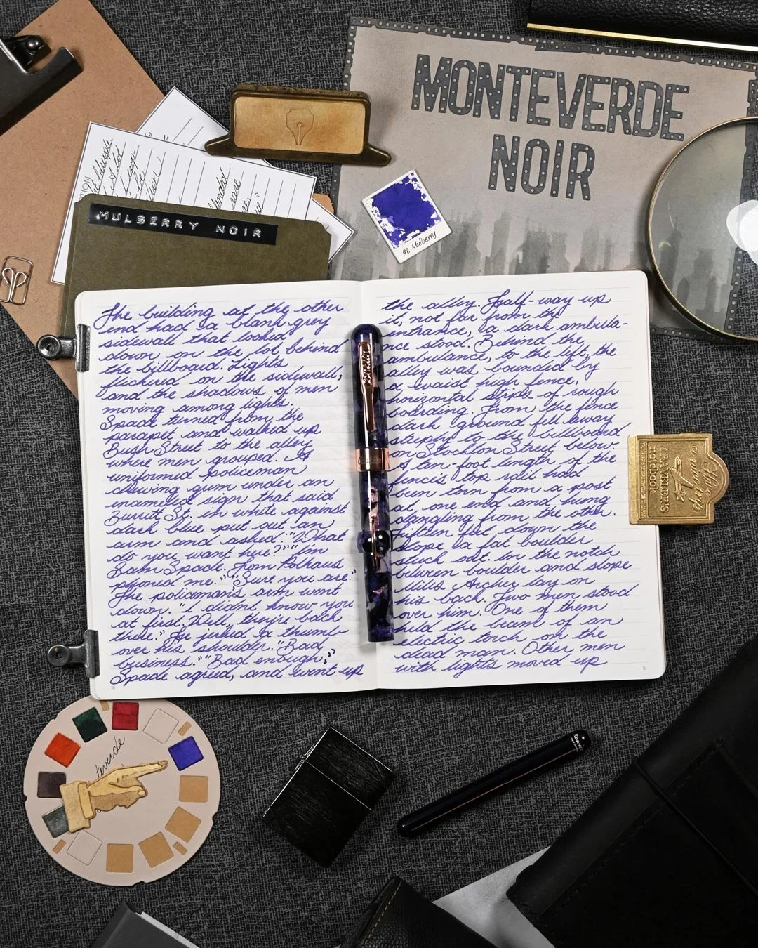 Monteverde Mulberry Noir writing sample flat lay