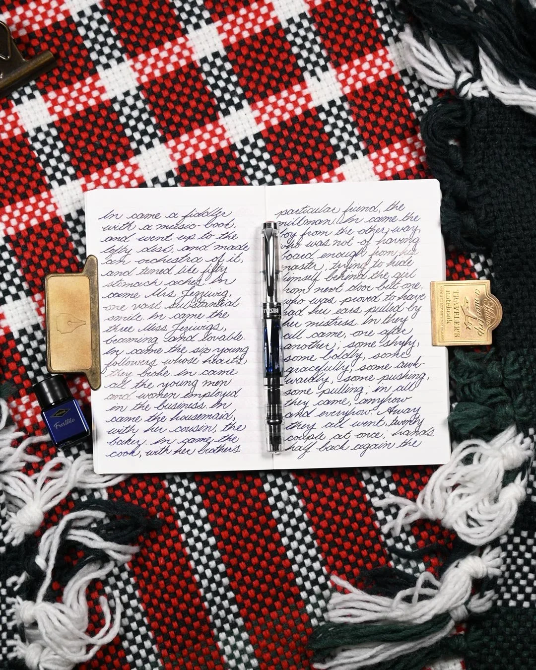 Diamine Frostbite writing sample flat lay