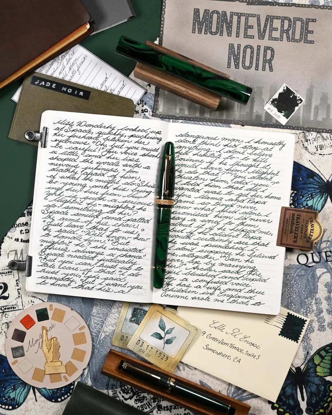 Monteverde Jade Noir writing sample flat lay