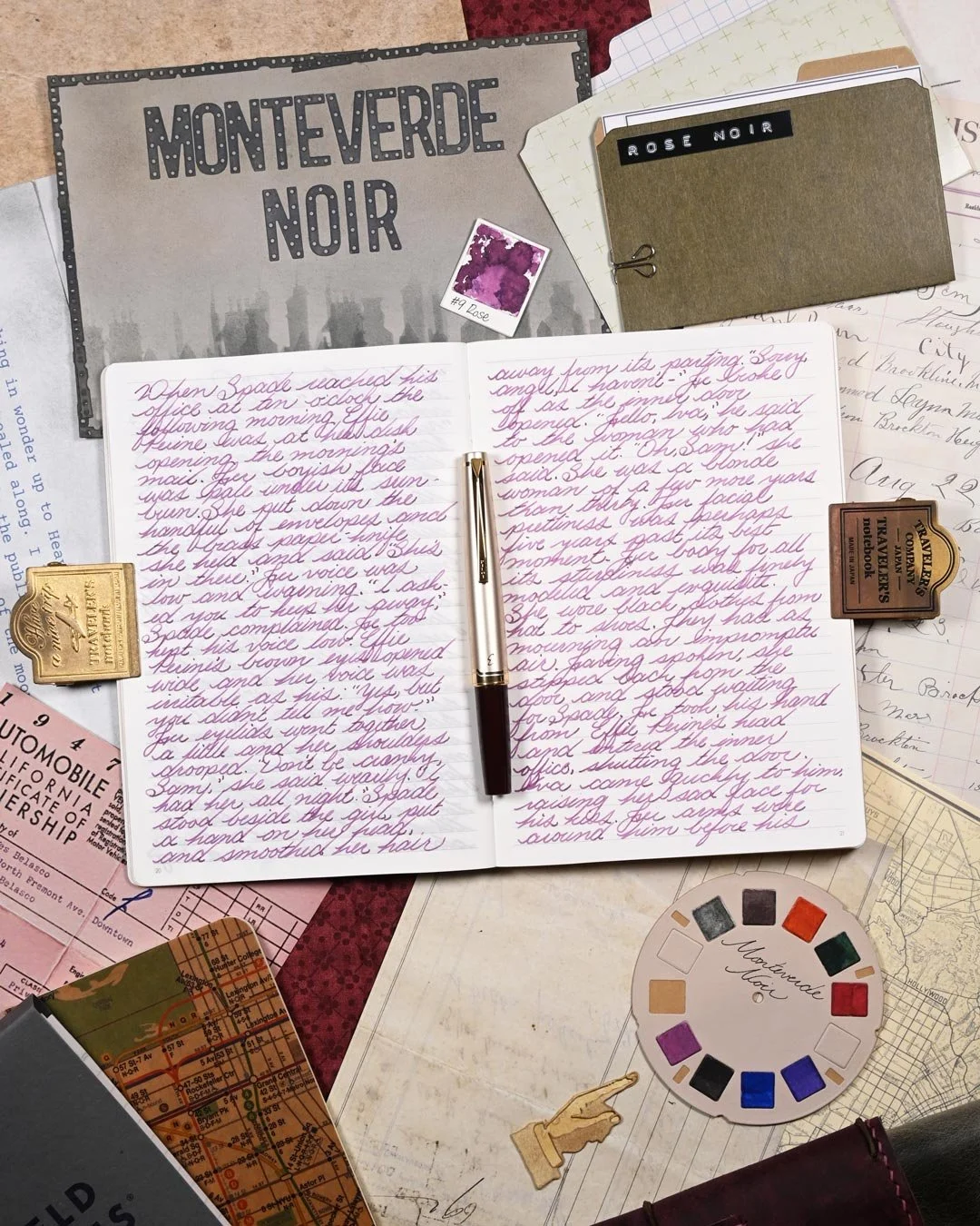 Monteverde Rose Noir writing sample flat lay