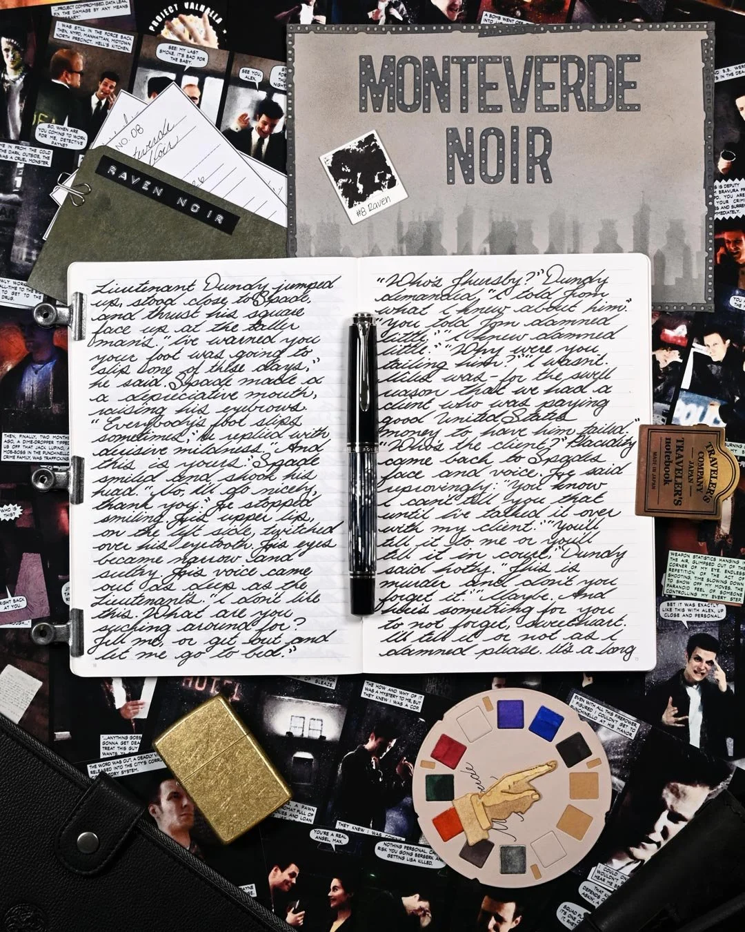 Monteverde Raven Noir writing sample flat lay
