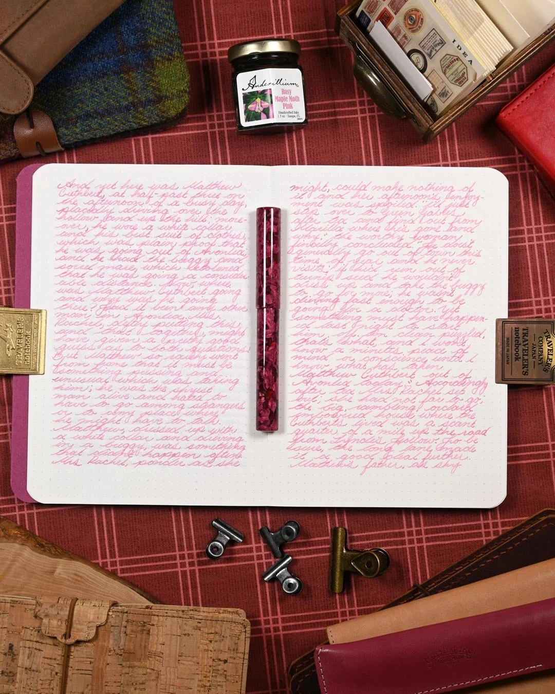Anderillium Rosy Maple Moth Pink writing sample flat lay