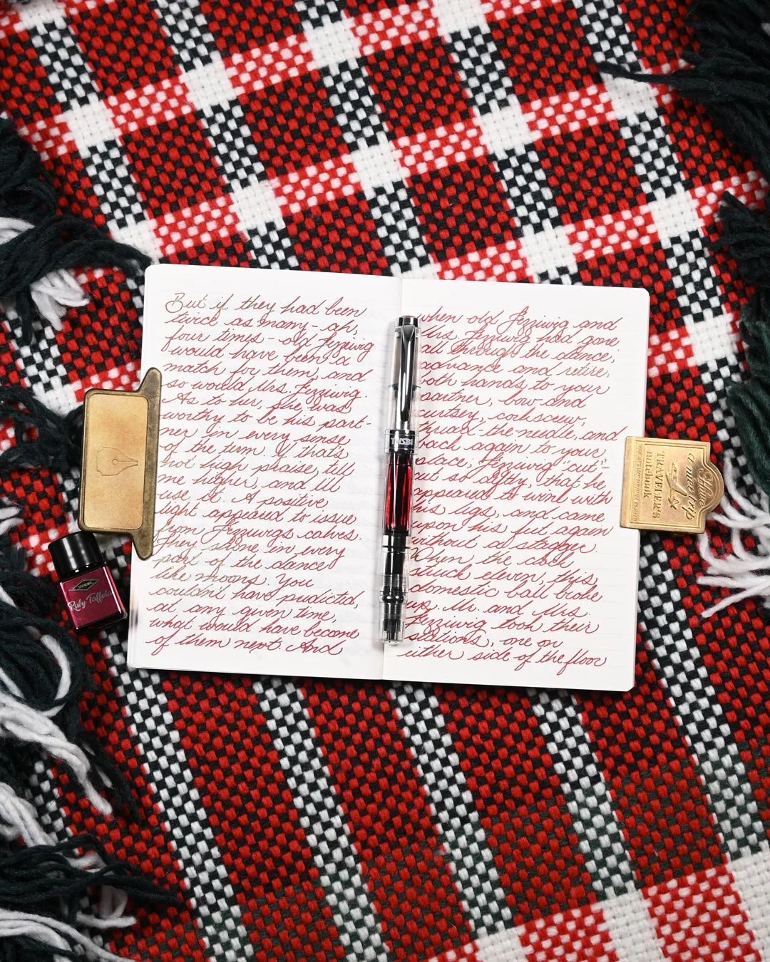Diamine Ruby Taffeta writing sample flat lay