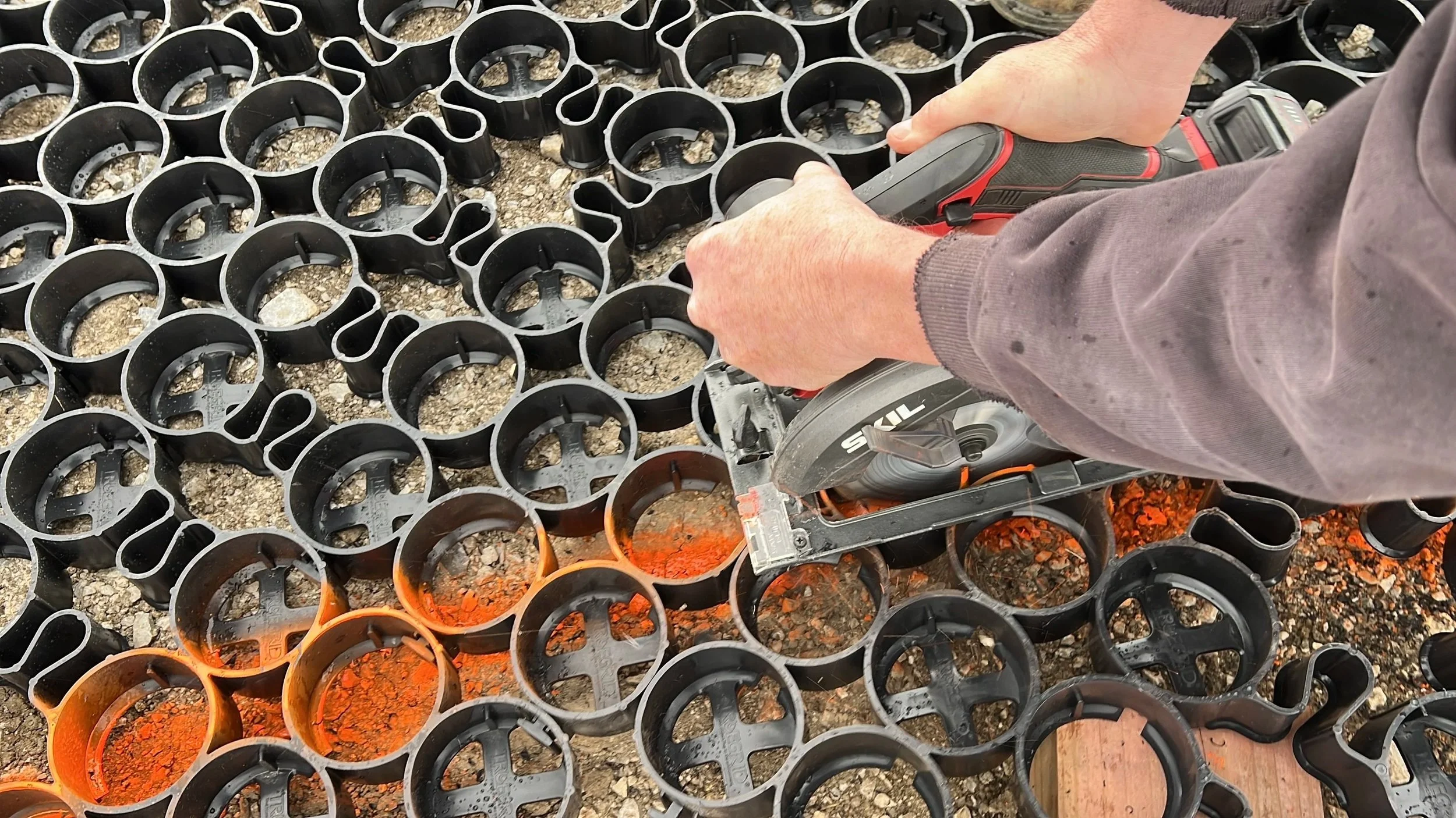 TrueGrid is cut on site with a circular saw
