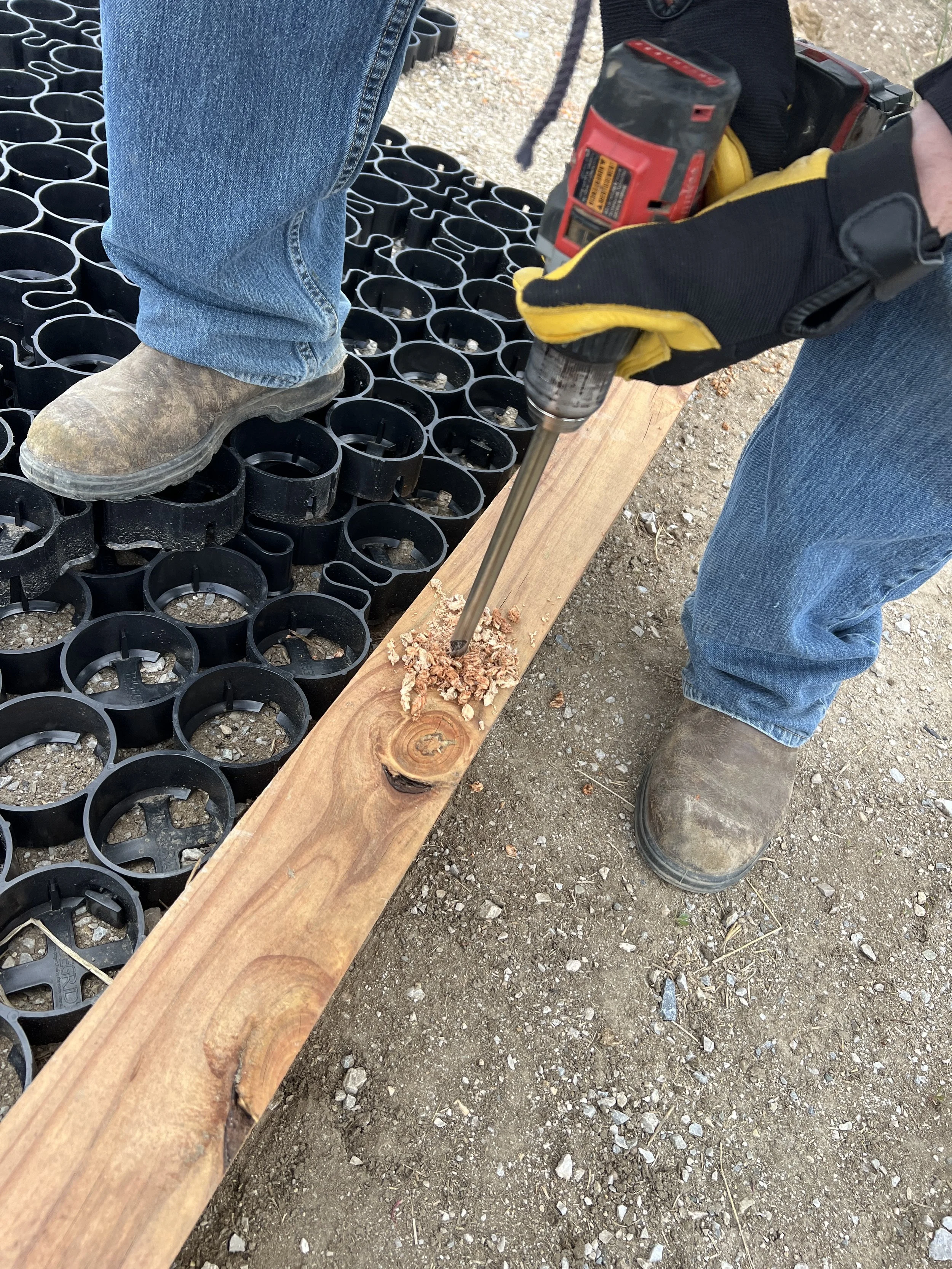 Holes are drilled for 18" rebar to secure the edging