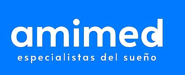 Logotipo azul con texto blanco que dice 'amimed especialistas del sueño'