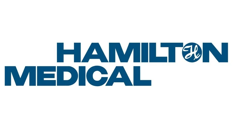 Logotipo de Hamilton Medical en letras azules y blancas.