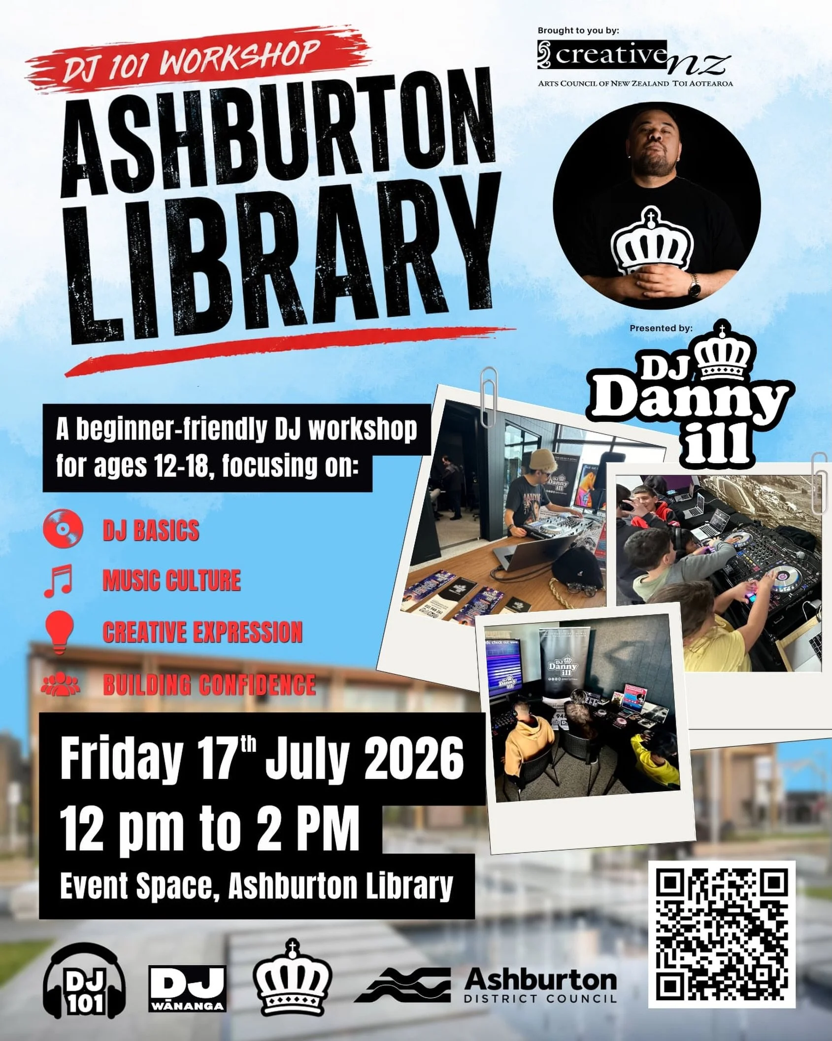 DJ 101 Workshop is coming to Ashburton Library. A fun, beginner-friendly space for young people aged 12&ndash;18 to learn DJ skills, explore and build confidence. Spaces are limited, link in my bio