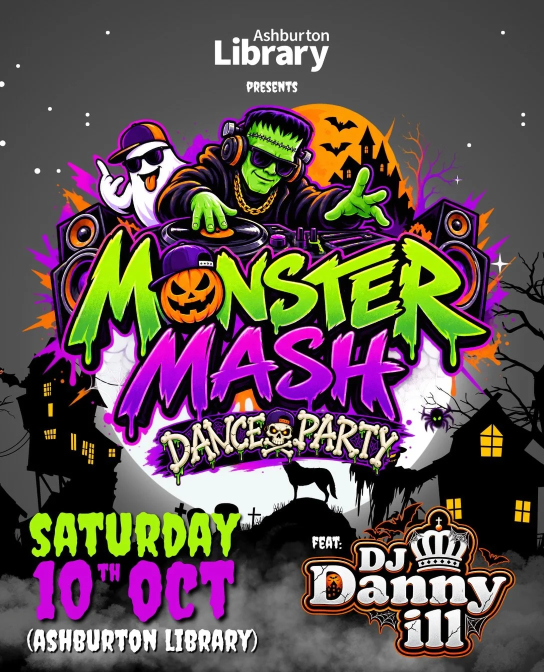 🎃👻 MONSTER MASH DANCE PARTY! 👻🎃

Ashburton Library is getting spooky this October! 🧟&zwj;♂️🎧

Join us for a Halloween night packed with music, games, dancing, costumes and good vibes, with DJ Danny-ill on the decks! 🔥

📅 Saturday 10 October 2