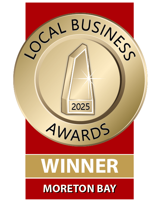 A gold and red badge for the 2023 Local Business Awards, indicating a winner from Moreton Bay.