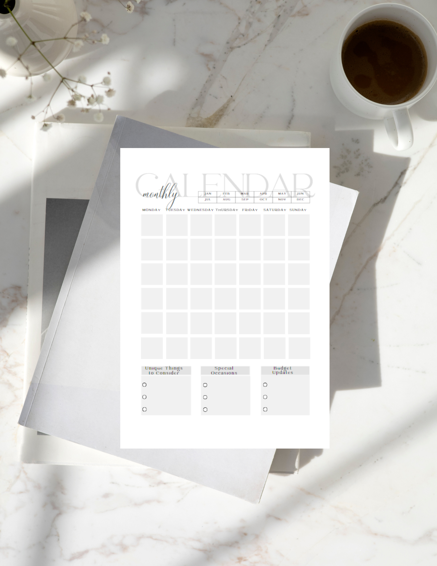 Budget planner page design template with Dandelion print. Monthly