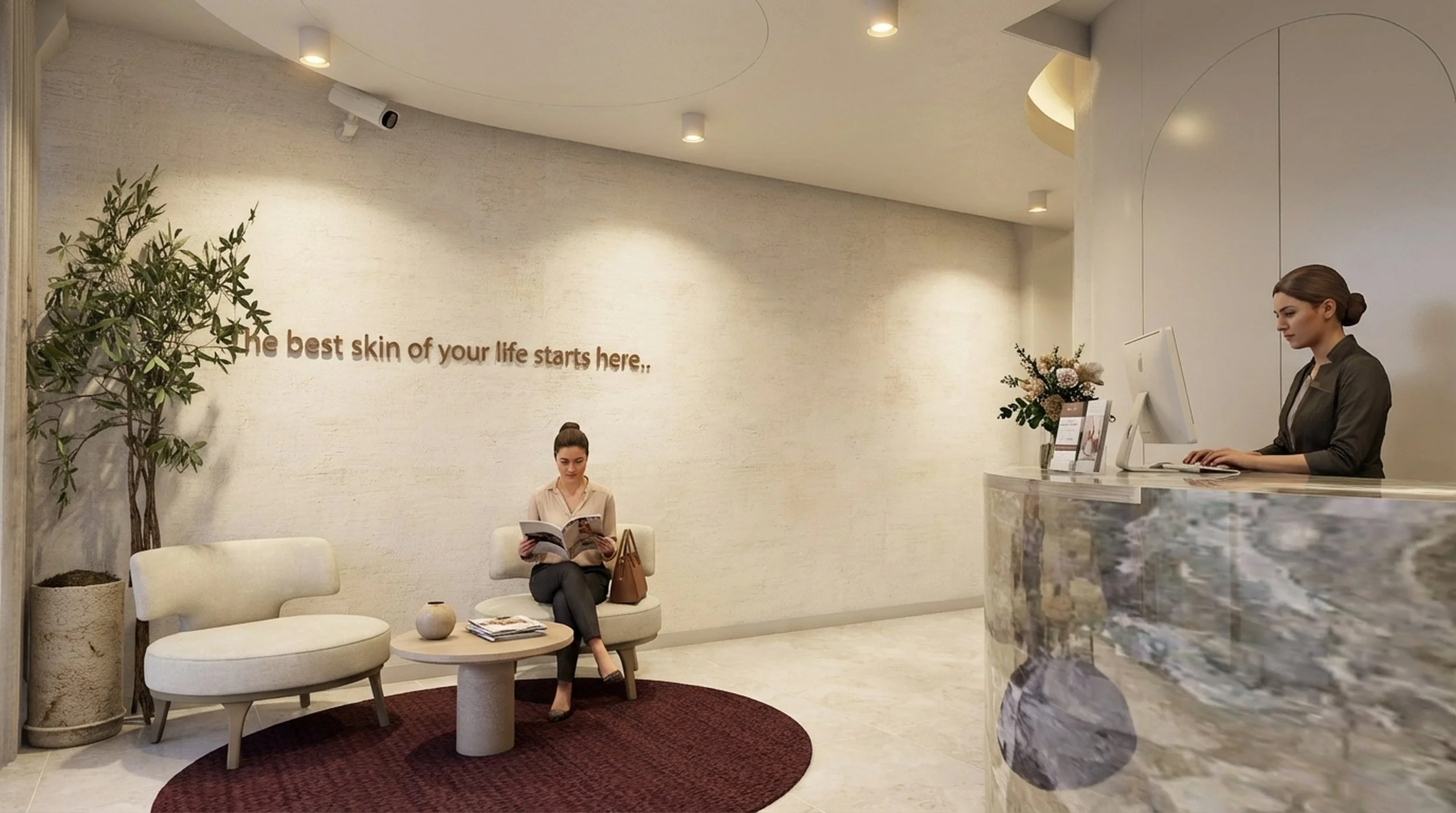 A woman sits on a chair in a waiting area reading a magazine. The reception desk has a computer and a flower arrangement. The wall behind her displays the words 'The best skin of your life starts here.' The area is decorated with a large potted plant, a small table with magazines, and a maroon rug.