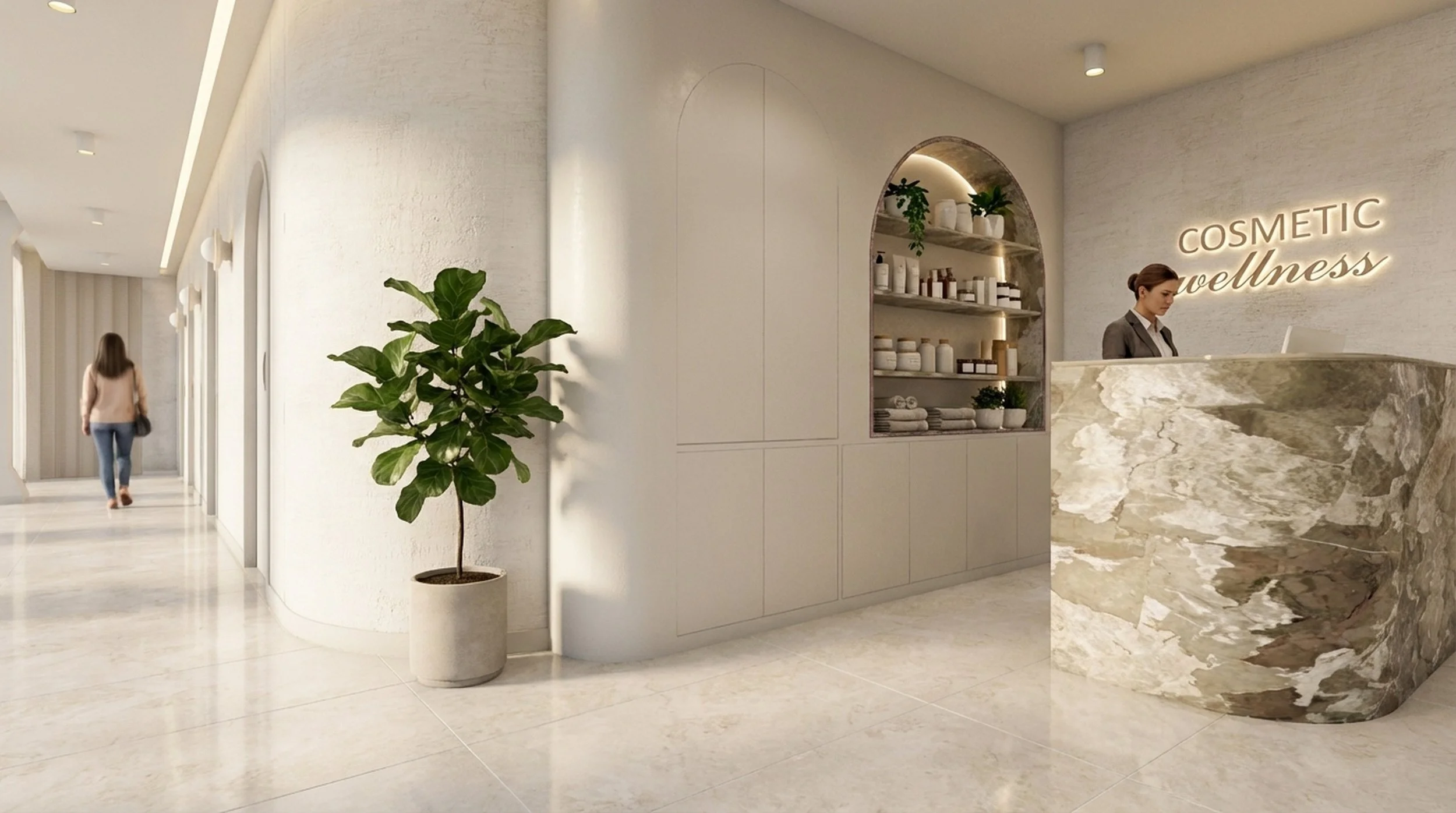 Reception area of a cosmetic wellness spa with a marble counter and a woman behind the desk, a potted plant, and shelves with products, with a woman walking in the hallway.