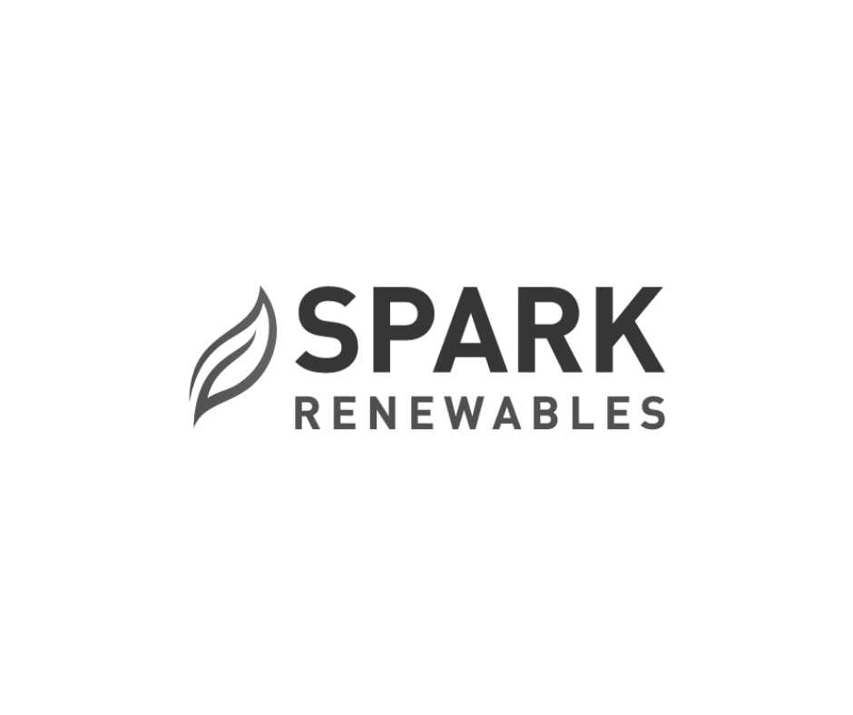 Black logo with a stylized flame and the words "Spark Renewables" in bold capital letters.