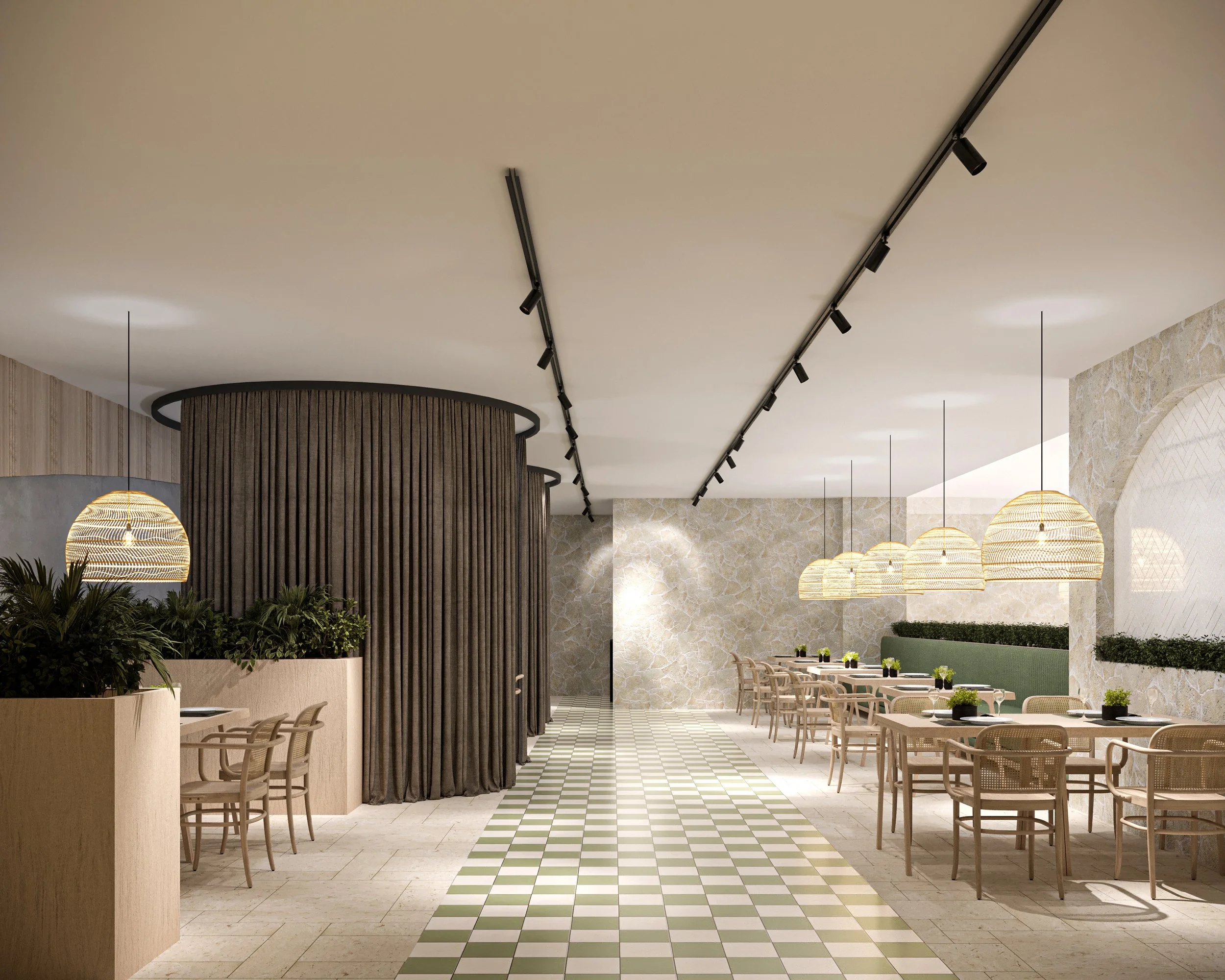 Interior of a modern restaurant with wooden chairs, green and white checkered floor, hanging wicker lamps, and stone walls with greenery.