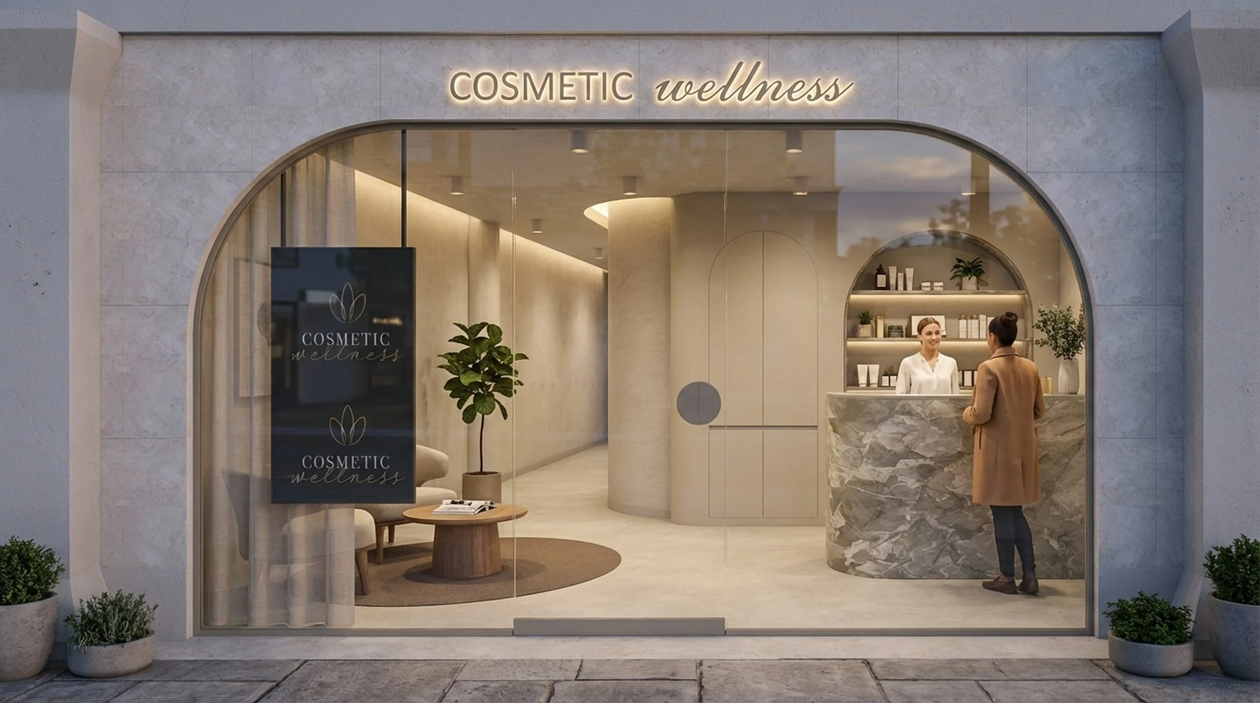 Front view of a cosmetic wellness clinic with a glass storefront, illuminated signage, a reception counter, and two women talking inside, decorated with potted plants and modern furniture.
