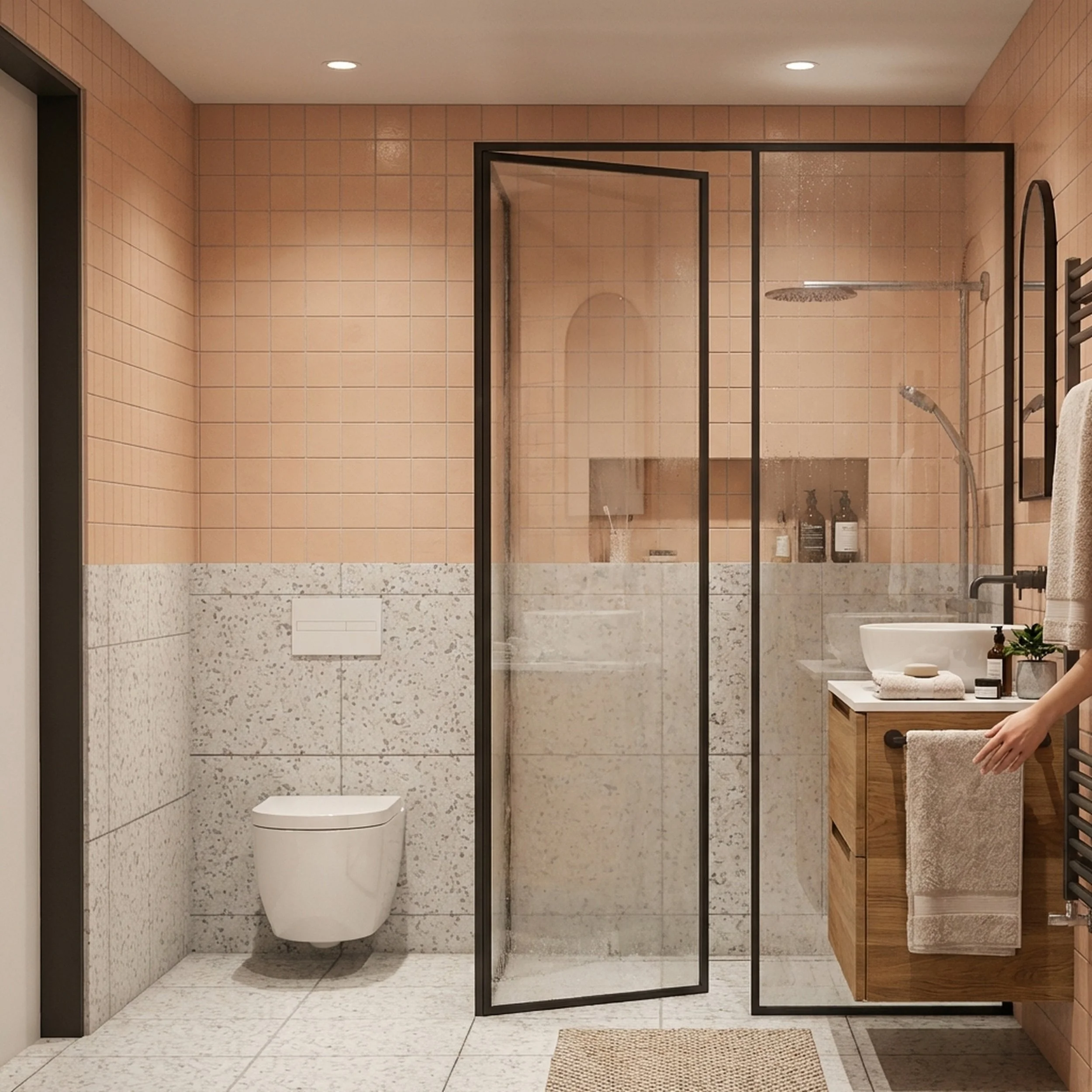 Modern bathroom with pink tiled walls, a glass shower enclosure, wall-mounted toilet, wooden vanity with a white sink, and various toiletries.