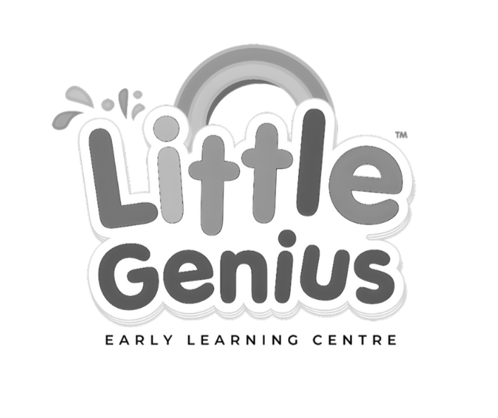 Logo for Little Genius, featuring colorful, playful font with a rainbow above the text.