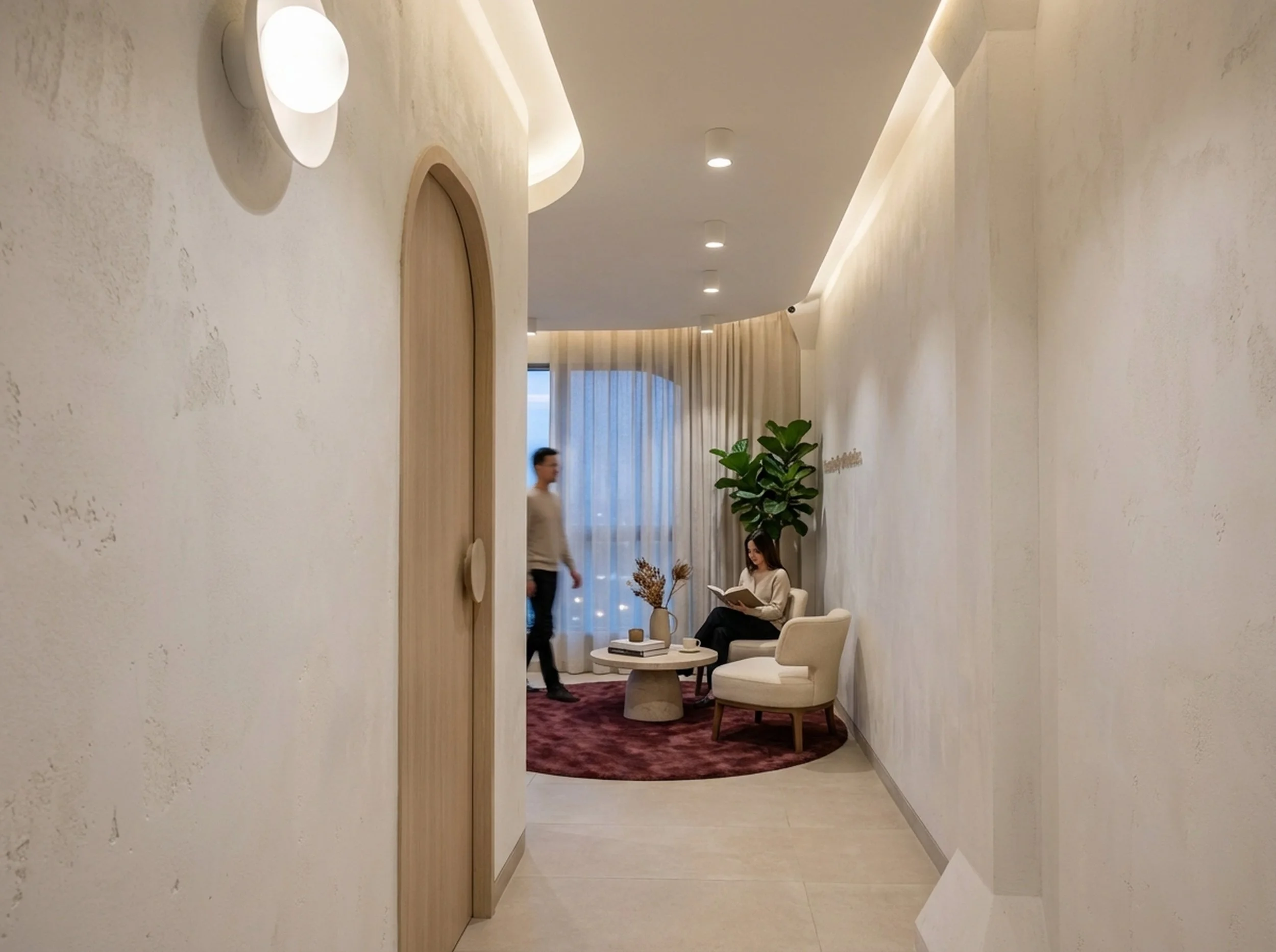 A modern, minimalist lobby area with white textured walls, a rounded wooden door, and soft ceiling lighting. In the background, a woman is sitting on a white armchair reading a book, with a large green potted plant and a round coffee table with decorative items nearby. A man is walking past in front of a large window with sheer curtains.