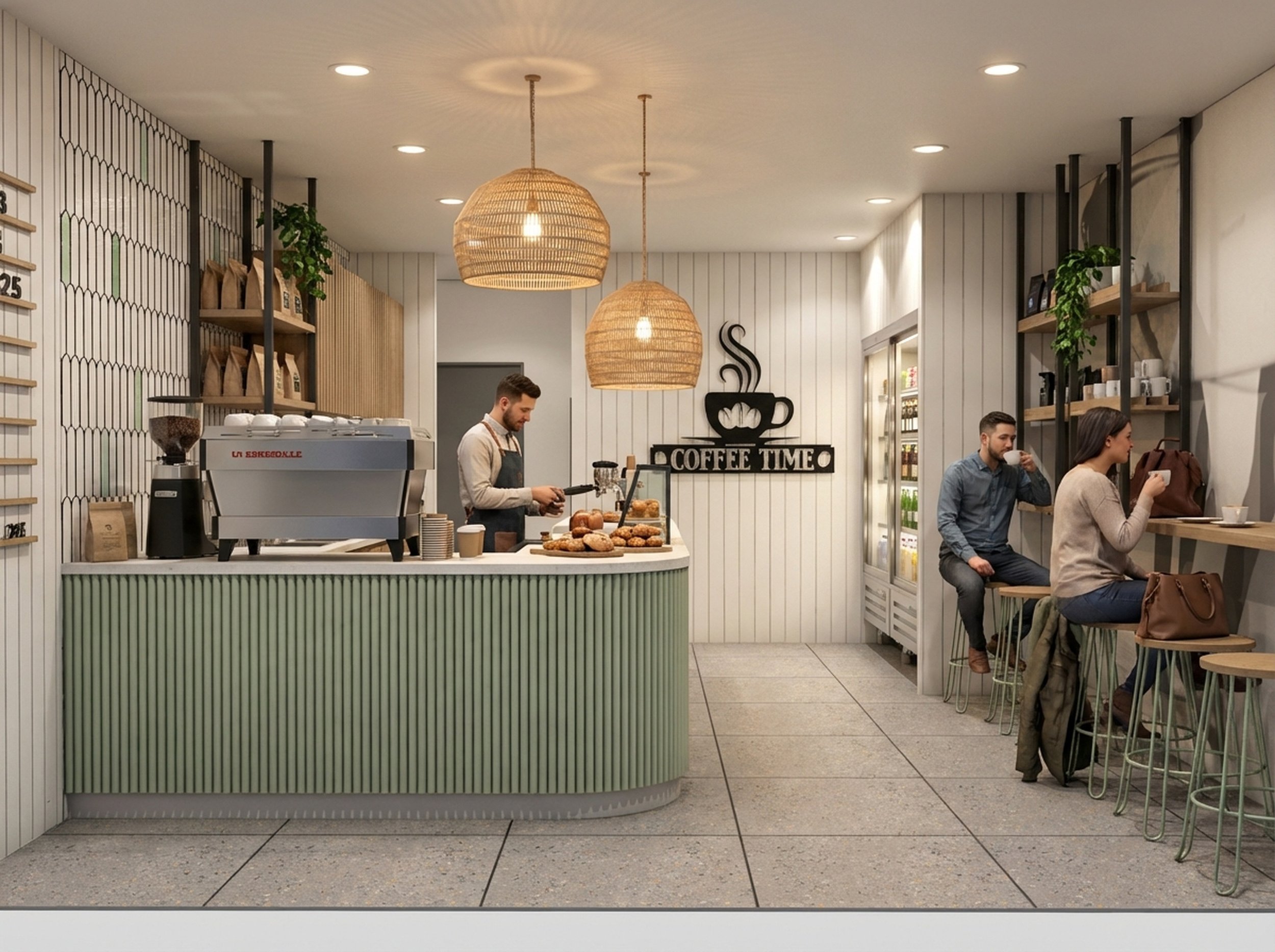 Interior of a modern coffee shop with a green counter, a barista preparing drinks, and customers sitting at the bar. Decor includes pendant lights, shelves with plants and coffee supplies, and a sign that says 'Coffee Time' with a steaming coffee cup graphic.