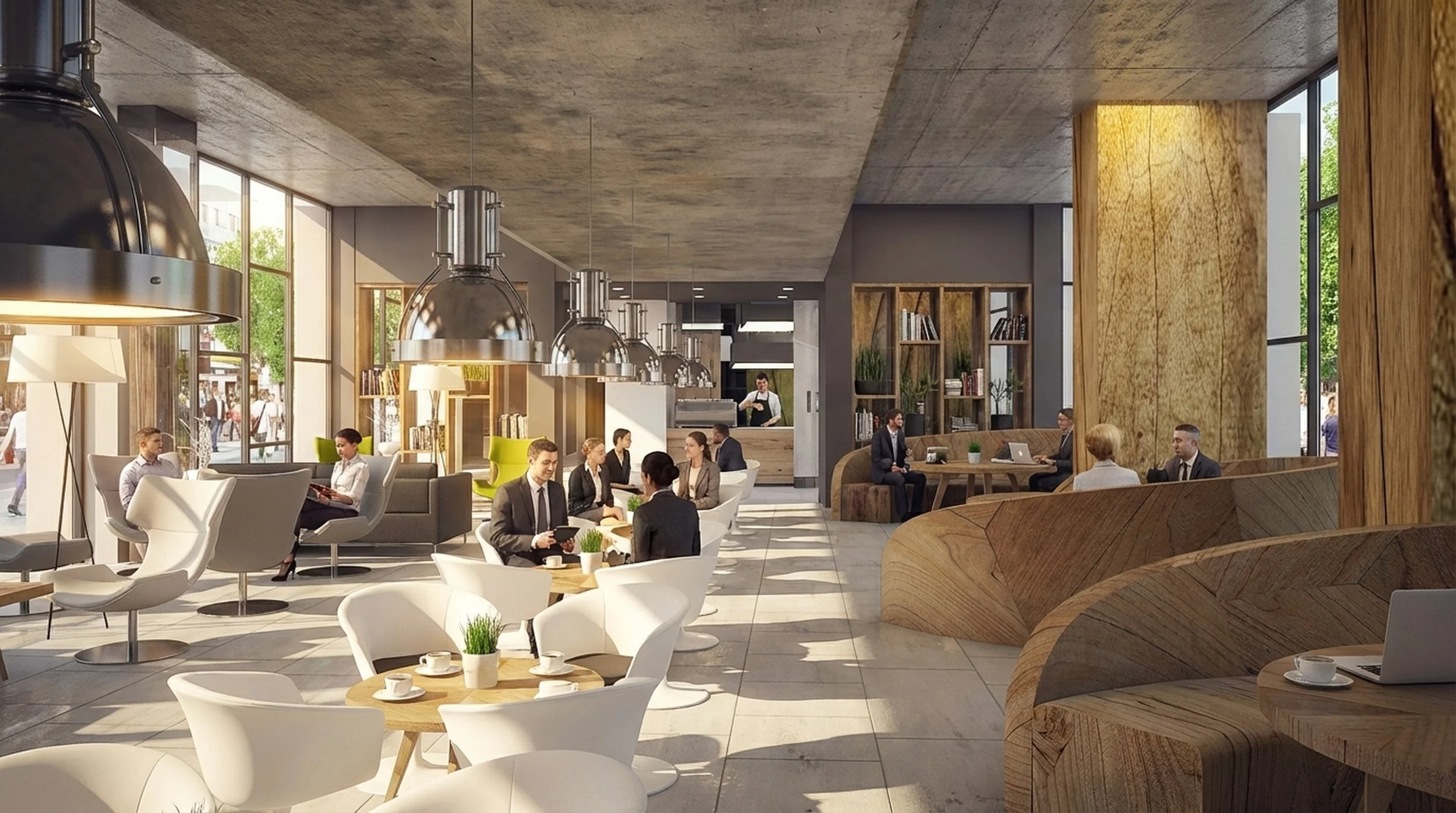 Modern coffee shop interior with large windows, seating areas, and people working or chatting.