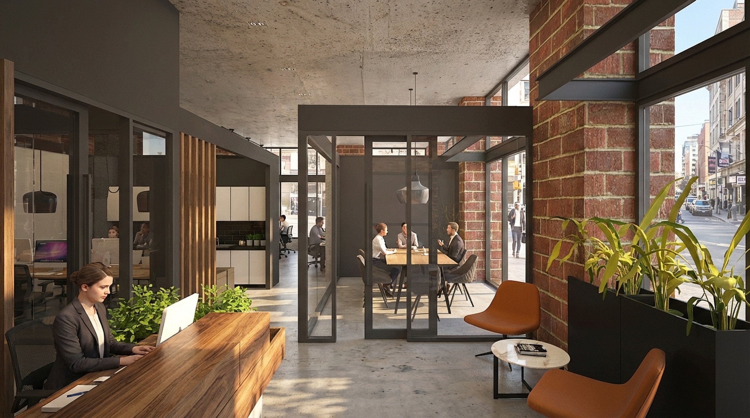 Modern office lobby with large windows, brick walls, plants, and people working and meeting inside.