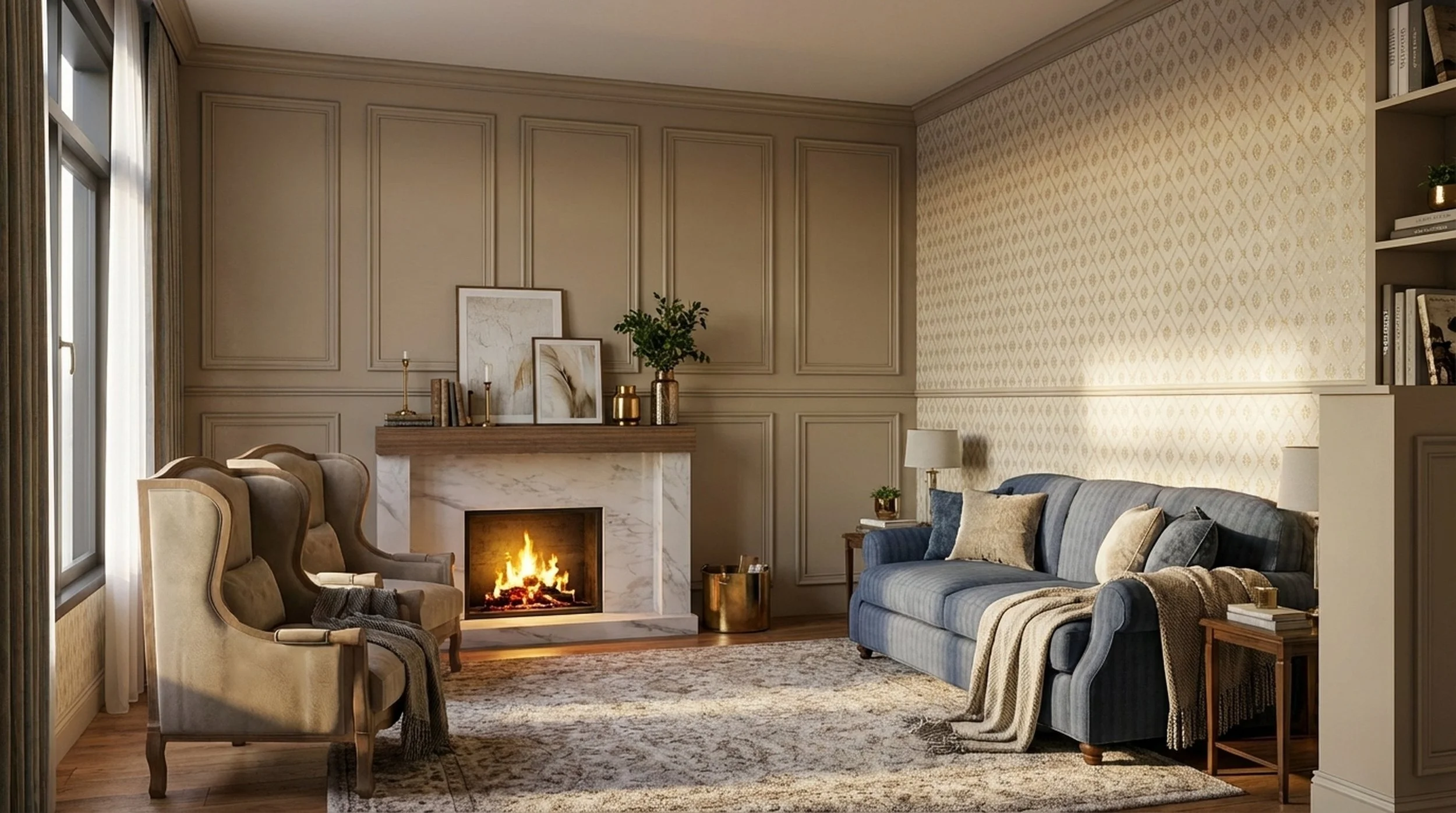 Living room with beige paneled walls, a fireplace, blue striped sofa, beige armchairs, artwork, and decor including plants and books.