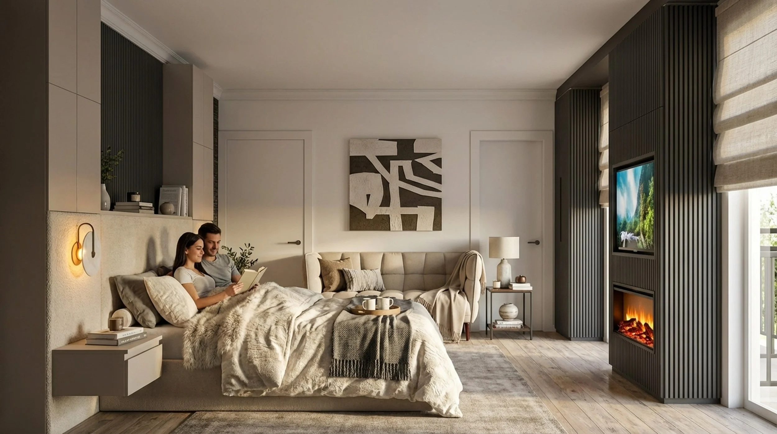 A cozy bedroom with a man and woman sitting on a bed, reading a book together. The room features neutral decor, a beige upholstered bed, warm lighting, a fireplace, a wall-mounted TV, and large windows with blinds.