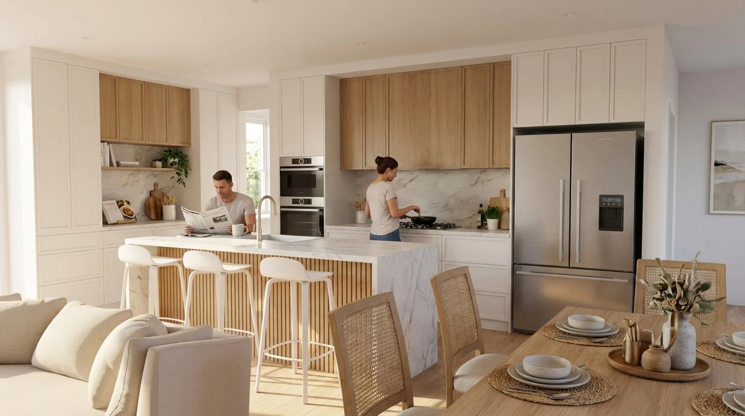 Open-concept kitchen with white and wooden cabinetry, marble countertops, stainless steel refrigerator, and a kitchen island with three white bar stools. Two people are in the kitchen: one is reading a newspaper, and the other is cooking at the stove. Adjacent room has a dining table with plates, bowls, and a decorative flower arrangement, and a living area with a cream-colored sofa.