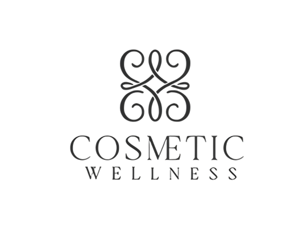 Black background with a decorative grey logo above the words "Cosmetic Wellness" in grey font.