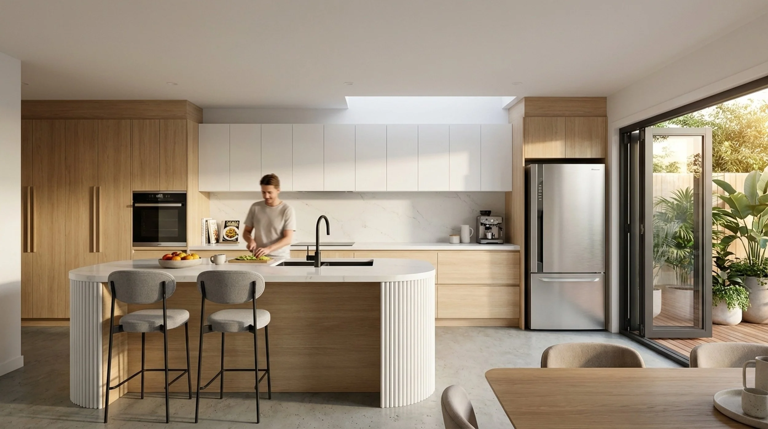 Modern kitchen with a woman preparing food at a curved island, featuring white cabinets, wooden accents, stainless steel appliances, and large glass sliding doors leading to a sunlit outdoor patio with lush plants.