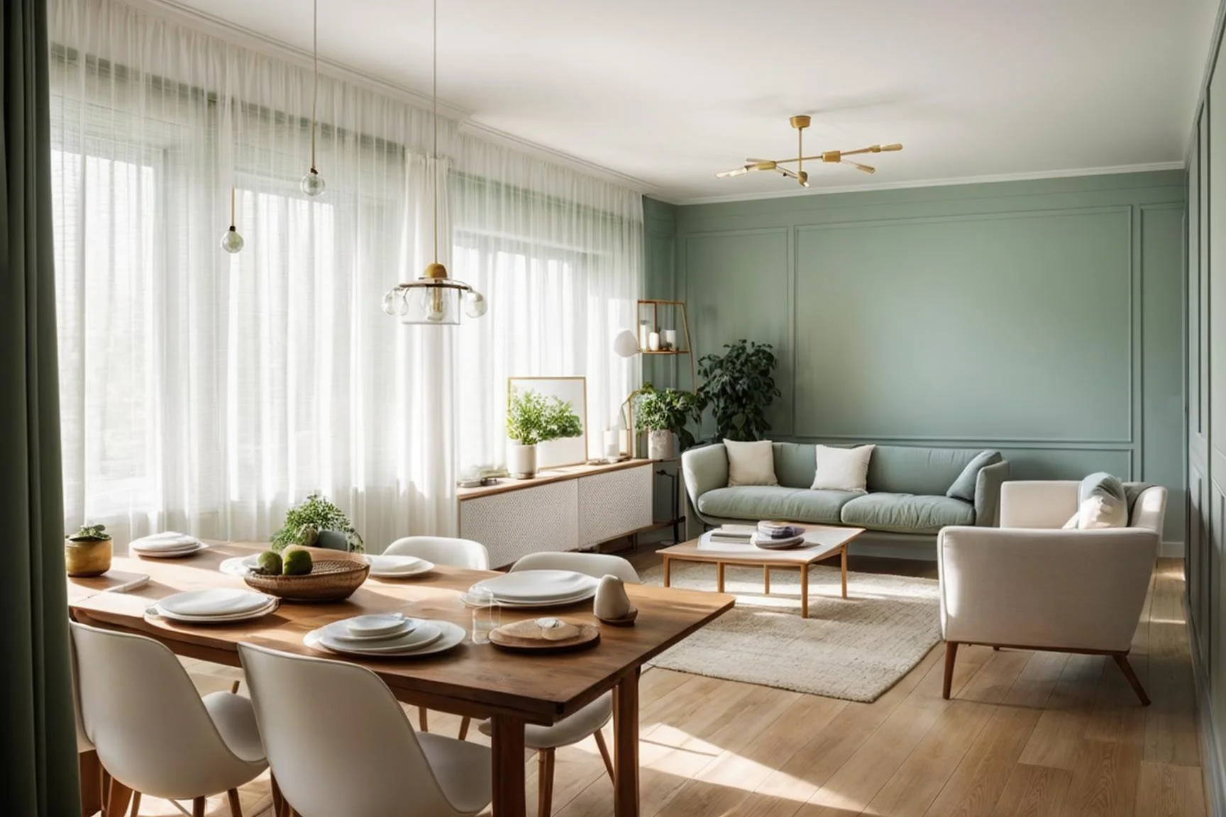 Bright living room with pale green walls, white curtains, and modern furnishings including a sofa, armchair, coffee table, and dining table with chairs, decorated with plants and minimal decor.