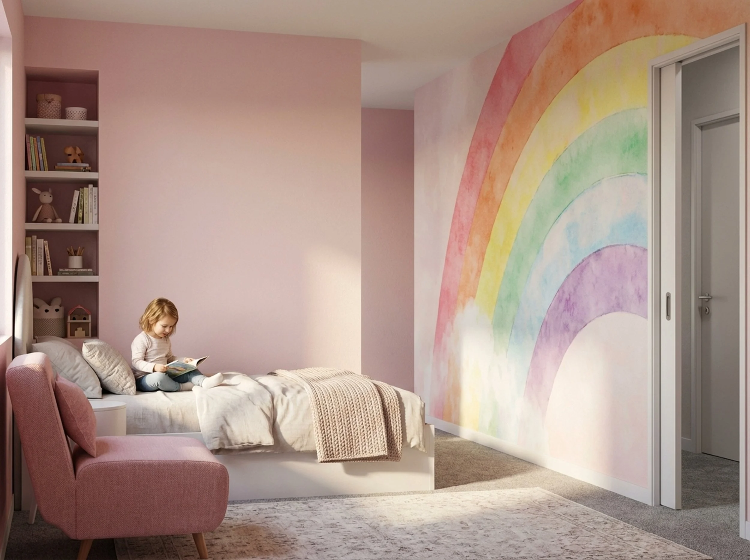A young girl sits on a bed reading a book in a bedroom with a pink wall, a colorful rainbow mural on the wall, a pink chair, a bookshelf with stuffed animals and books, and a beige rug.