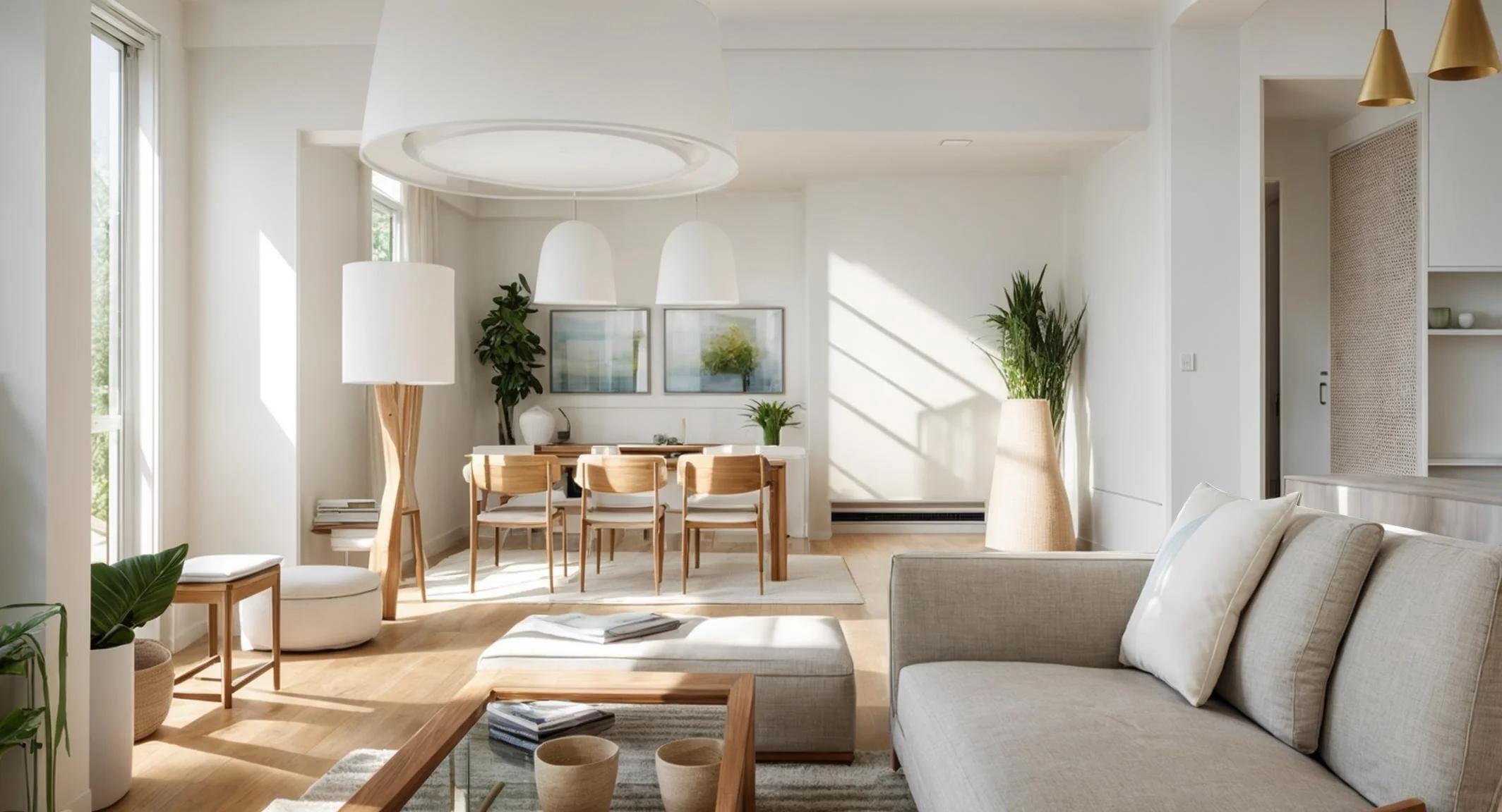 Bright, modern living room with beige sofa, wooden coffee table, and natural light from large windows. Dining area with wooden table and chairs, white pendant lights, and green plants.