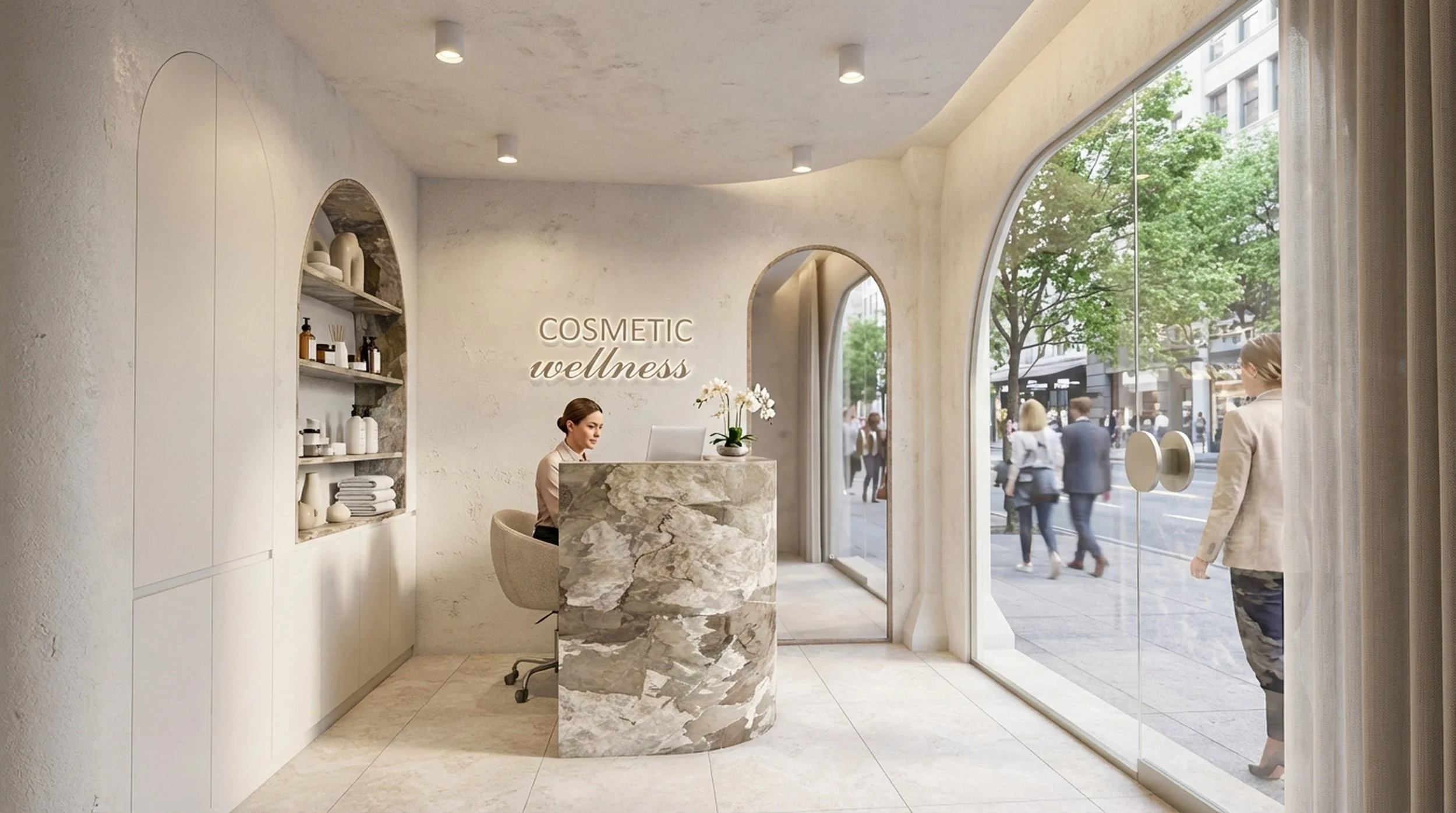 Interior of a cosmetic wellness clinic with a reception desk, a woman behind the desk working on a computer, and a large window showing pedestrians outside.