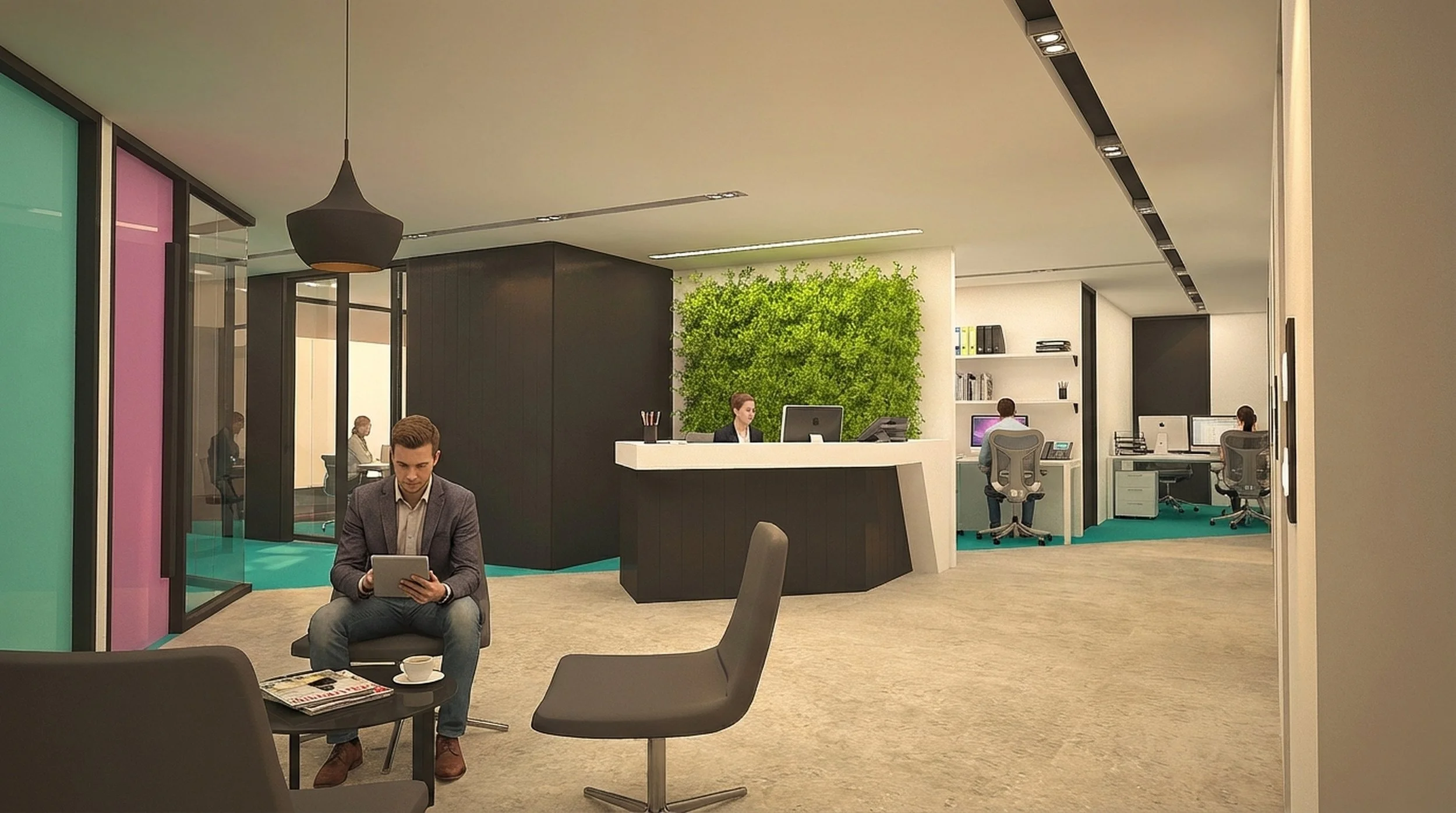 Modern office lobby with a reception desk, green wall, and multiple workstations with employees using computers.