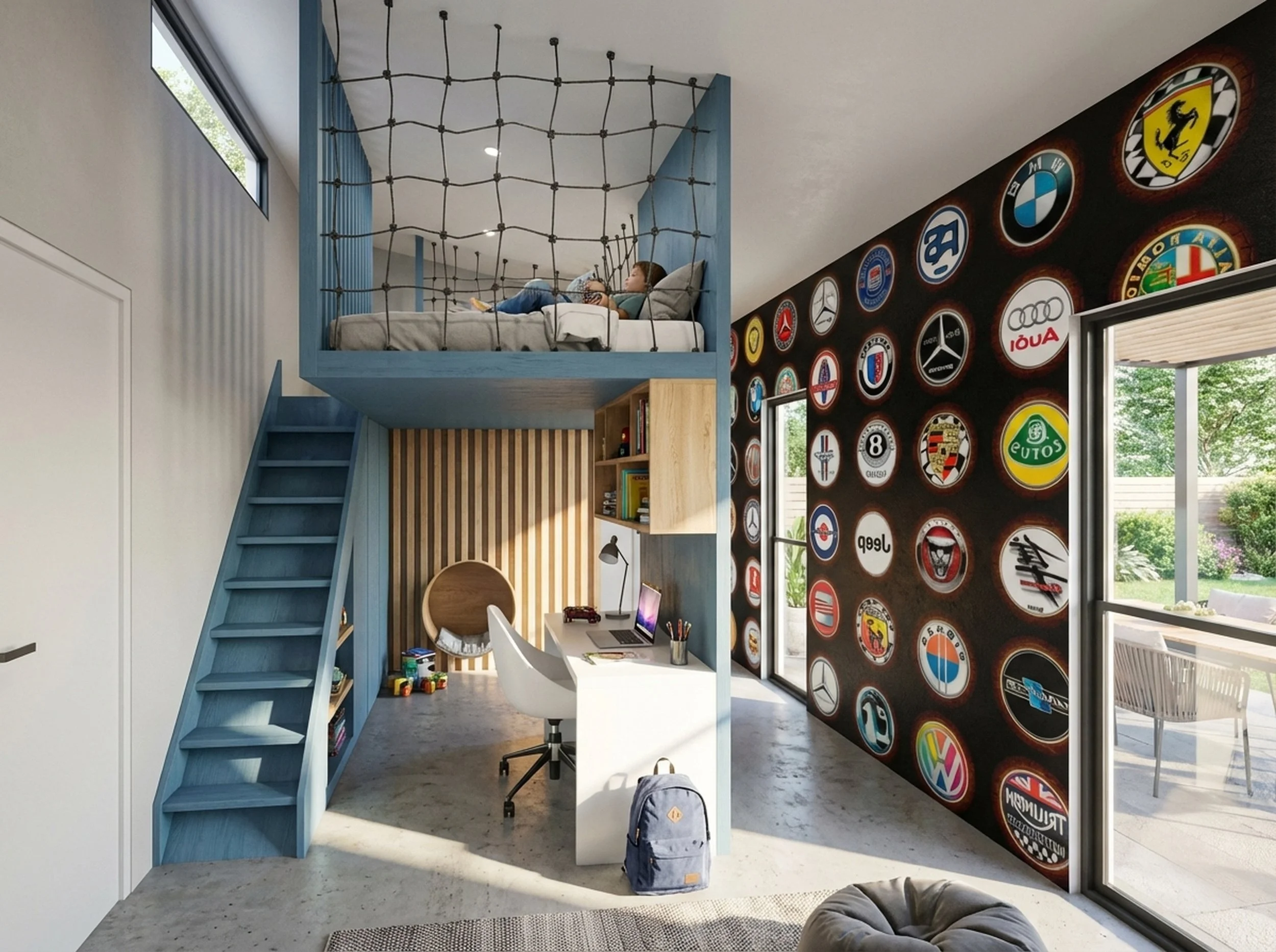 A modern bedroom featuring a lofted bed with a person lying on it, accessible by a blue staircase. Beneath the bed is a study area with a white desk, chair, and a backpack on the floor. One wall is decorated with a pattern of various car brand logos, and there are windows and a sliding glass door leading to an outdoor patio.